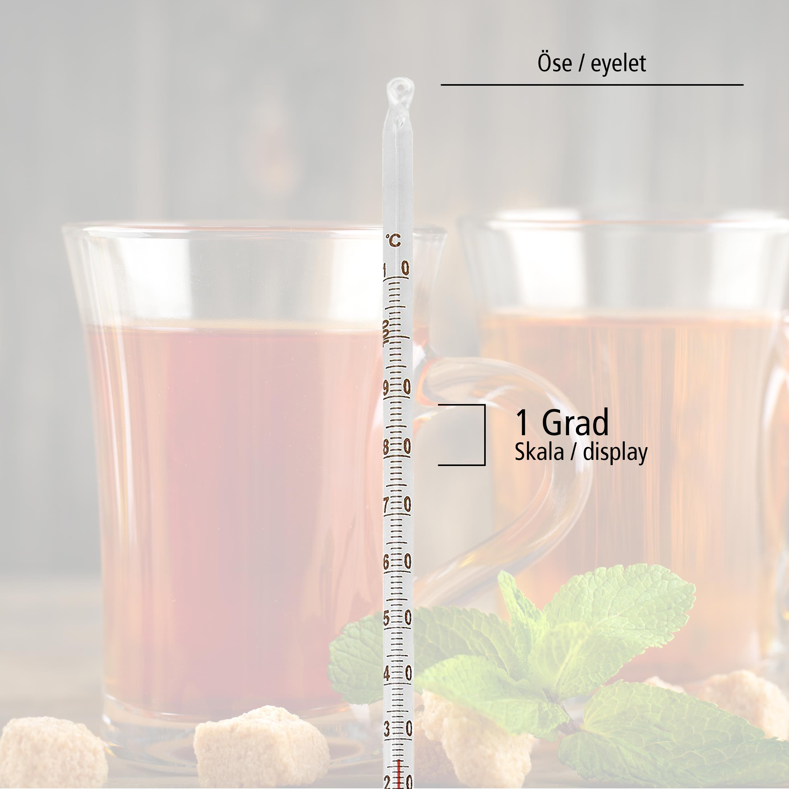 Thermometer mit Teetassen und Würfelzucker.