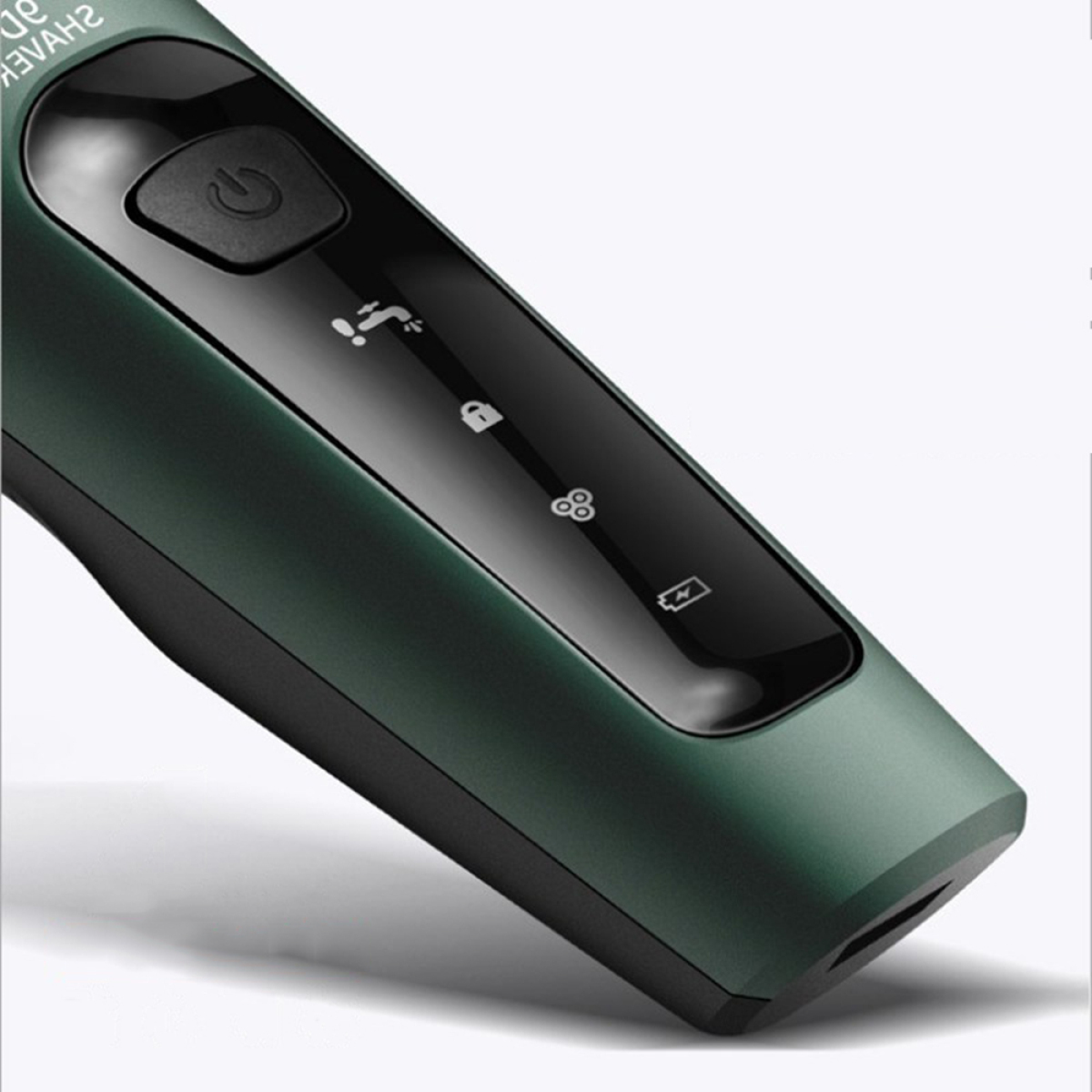 Grüner und schwarzer Elektrorasierer mit digitaler Anzeige seiner Funktionen.