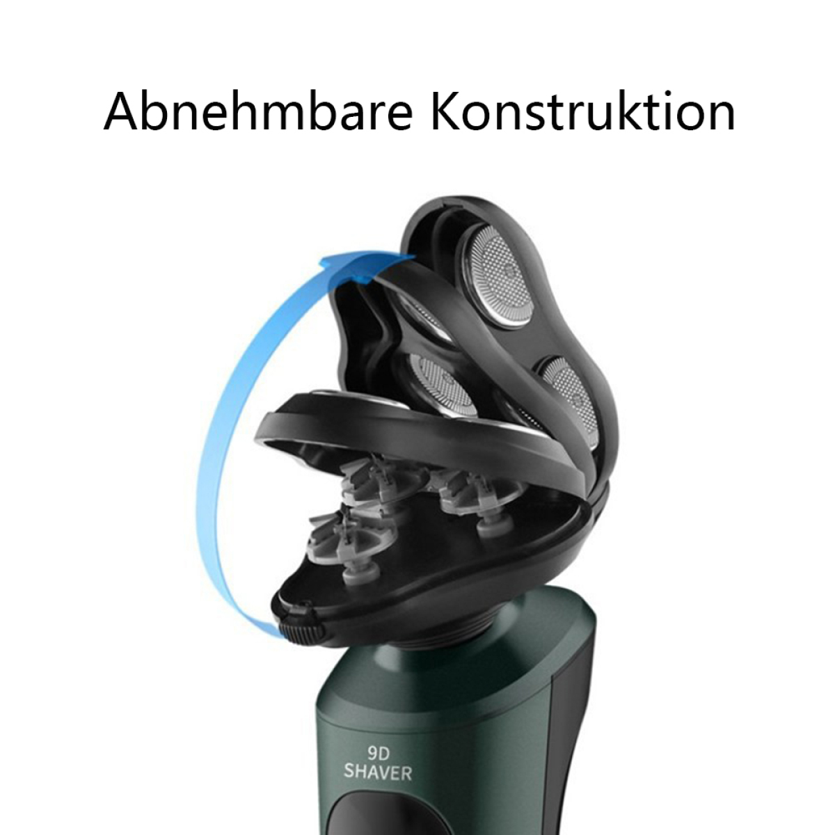 Schwarzer und grüner Elektrorasierer. Offene Köpfe mit sichtbaren Klingen, beschriftet mit 9D Shaver.