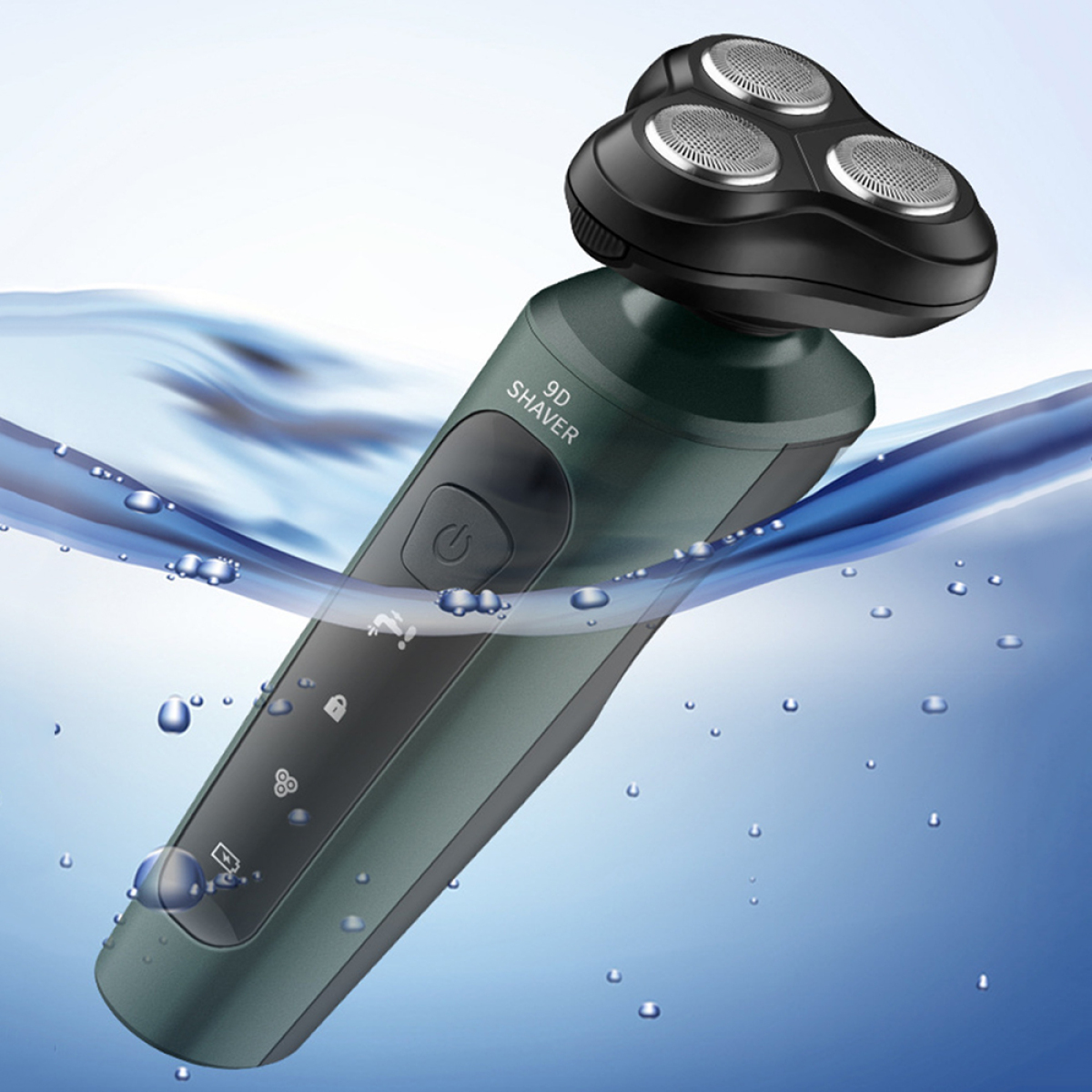 Grüner und schwarzer Elektrorasierer in Wasser getaucht, mit Wassertropfen.