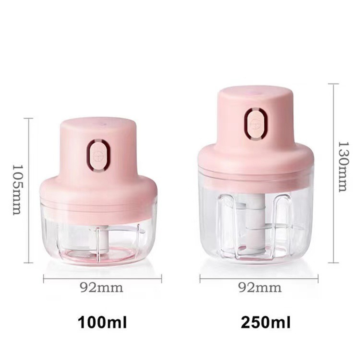 Zwei rosa Mini-Zerkleinerer in verschiedenen Größen. Einer ist 100 ml, der andere 250 ml. Beide haben Abmessungen.