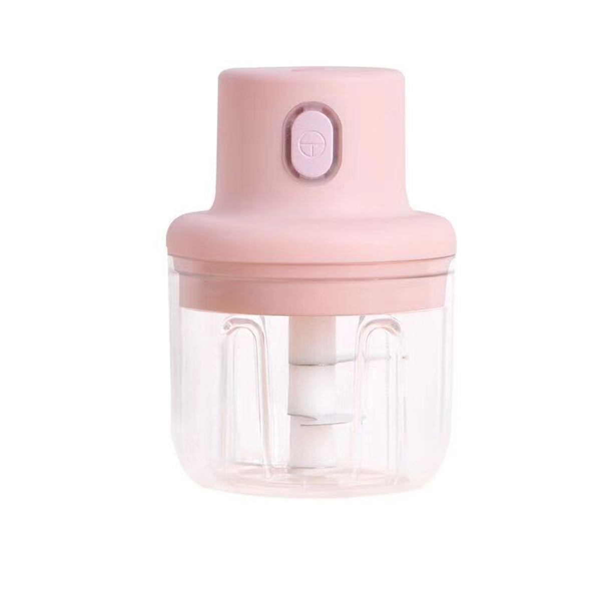 Ein pinkfarbener Mini-Knoblauchzerkleinerer mit transparentem Behälter und pinkfarbenem Deckel.