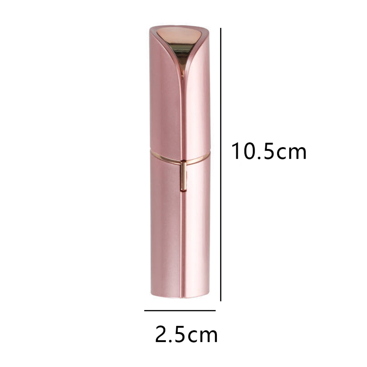 Rosa, lippenstiftförmiger Elektrorasierer mit Maßen. Goldener Deckel, rosafarbener Körper.