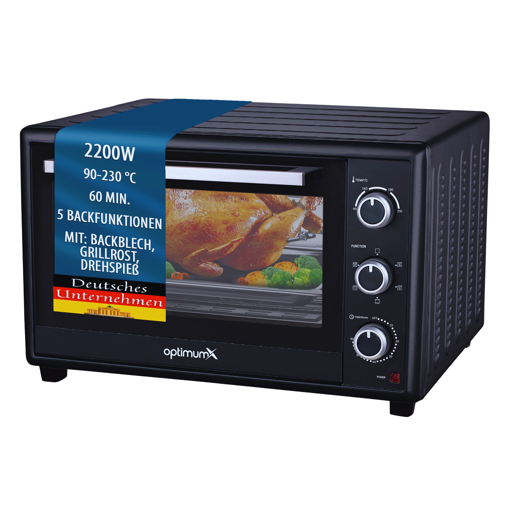 OPTIMUMX HAUSHALTSGERÄTE mit und Backblech Mini Backofen 60 XXL 2200W, Gitter-Set Umluft, Liter