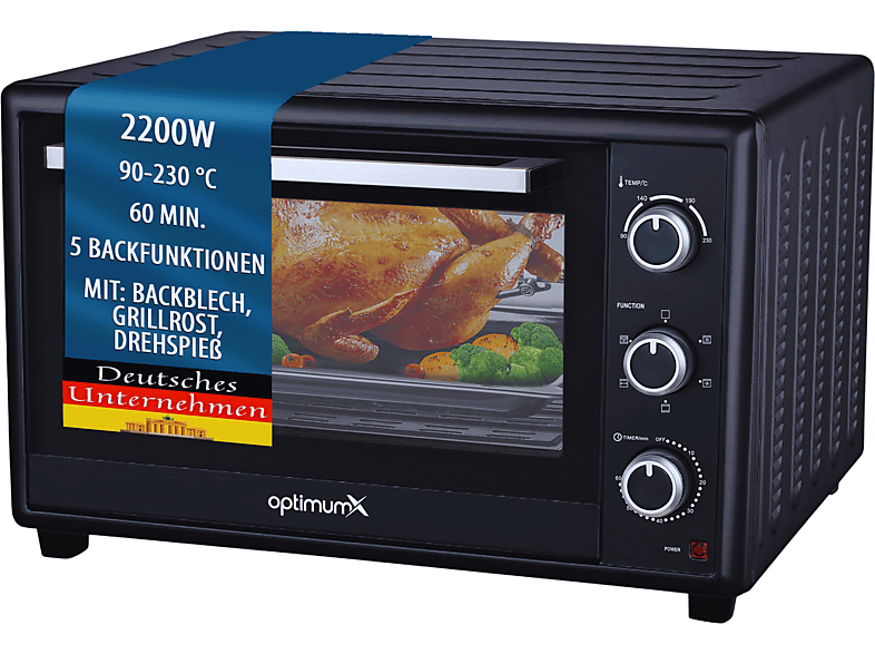 OPTIMUMX Backofen mit Umluft, 60 Gitter-Set 2200W, Mini Liter Backblech XXL HAUSHALTSGERÄTE und