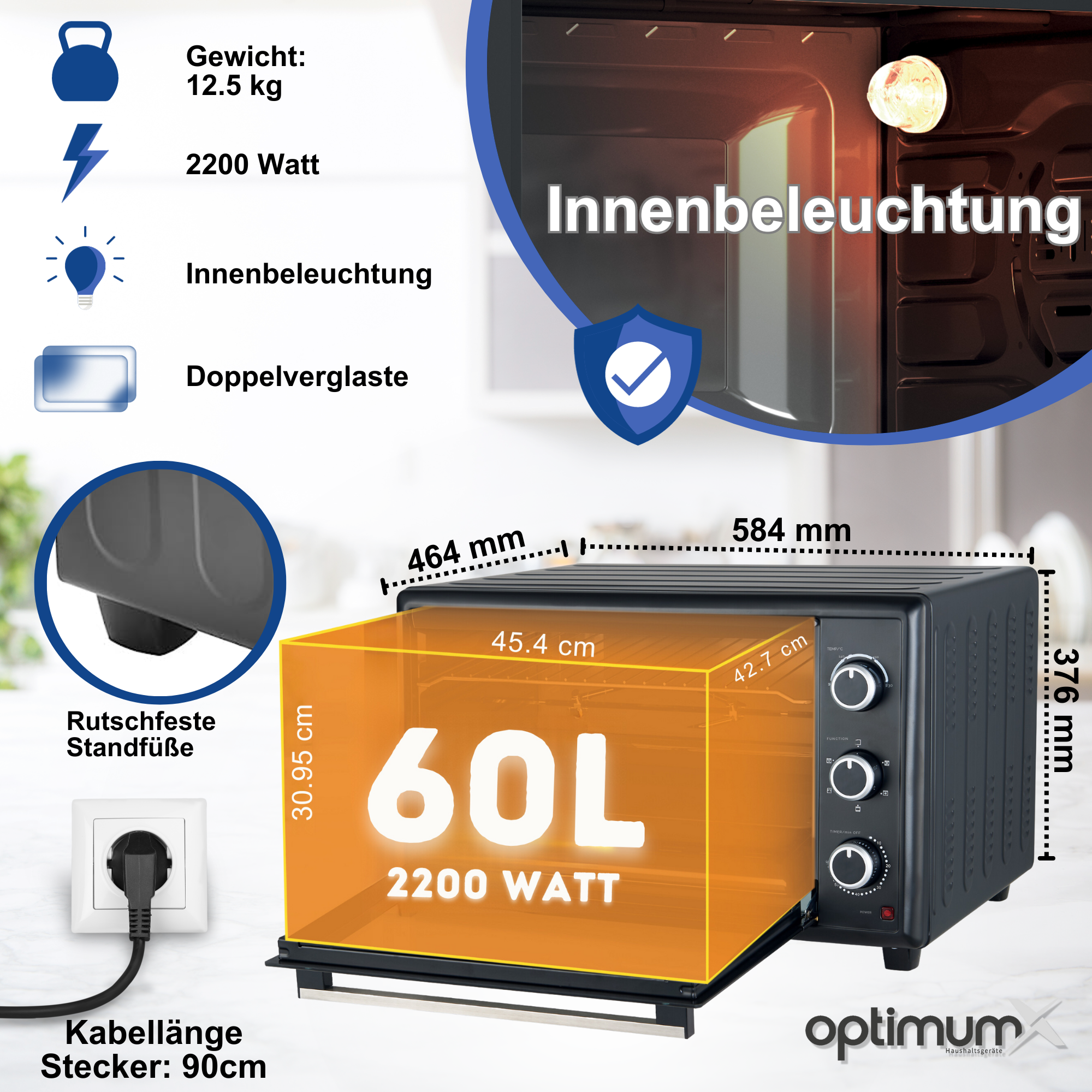 Ein schwarzer Backofen mit Abmessungen und Funktionen, einschließlich eines Etiketts.