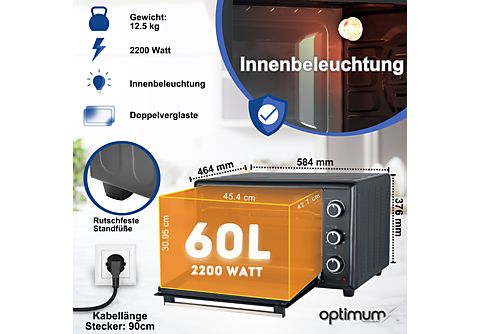 OPTIMUMX HAUSHALTSGERÄTE 60 Liter XXL mit Umluft, 2200W, Backblech und  Gitter-Set Mini Backofen | MediaMarkt