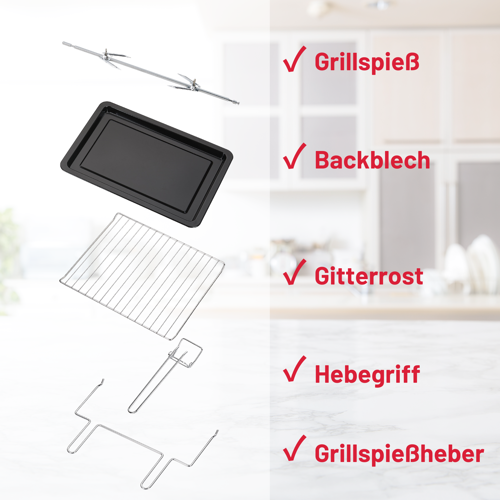 Verschiedene Ofenteile, darunter Grillspieß, Backblech und Grillrost.