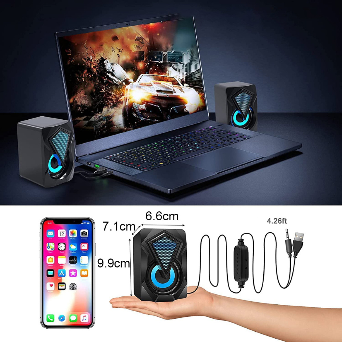 Laptop mit Lautsprechern und Telefon. Lautsprecher haben blaue Lichter. Telefon zeigt App-Symbole und Abmessungen des Lautsprechers.