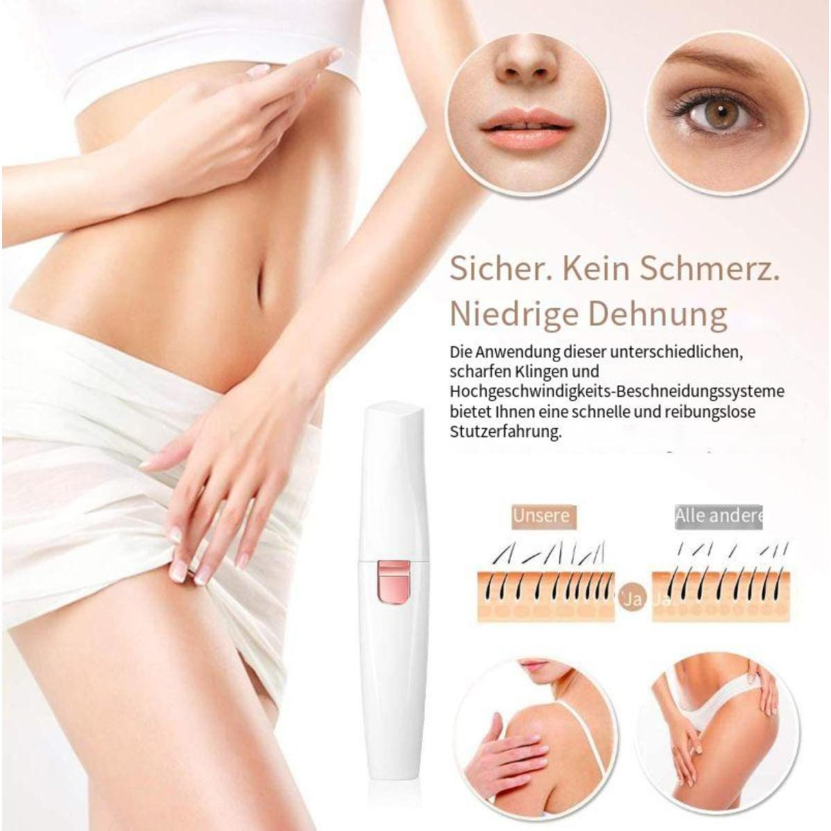 Körper einer Frau mit Haarentfernungsgerät und Beispiele für Haarentfernung.