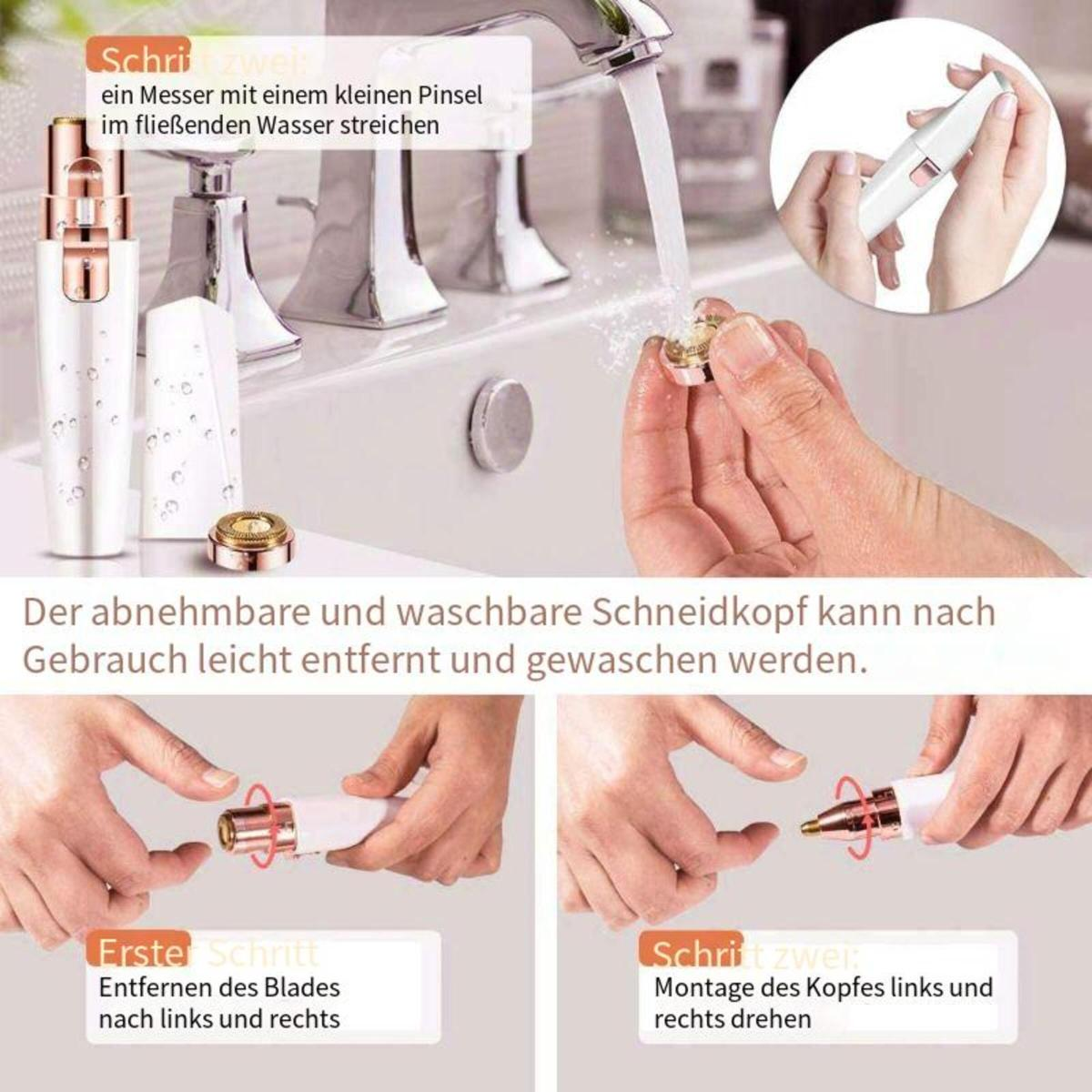 Diagramm zur Verwendung eines Haarentfernungsgeräts. Die Hände einer Frau sind in Aktion.