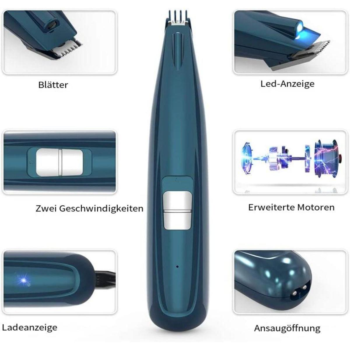 Elektrischer Trimmer mit mehreren Ansichten von Klingen, LED, Geschwindigkeitseinstellungen und Ladeanzeigen. Türkisfarbenes Gehäuse.