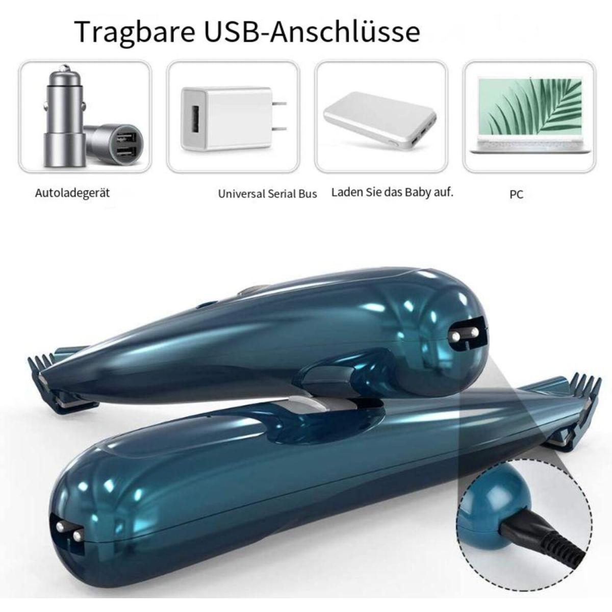 Elektrische Rasierer und Ladegerät und Kabel. Text: Tragbare USB-Anschlüsse.
