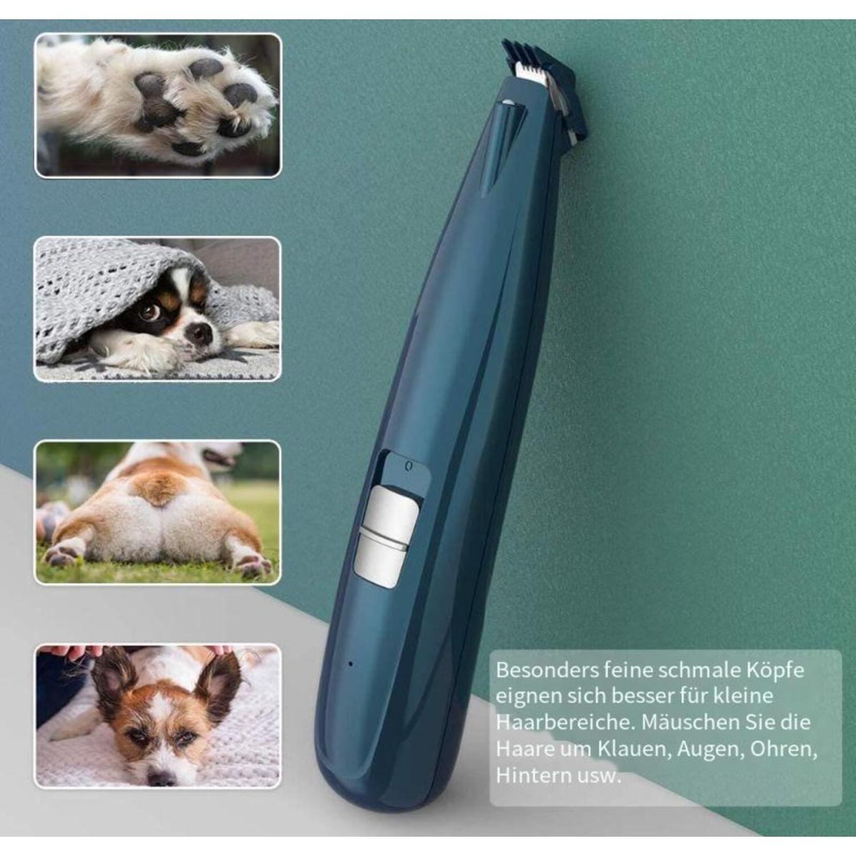 Blauer Haartrimmer für Haustiere mit Hundebildern. Trimmer und Bilder auf grünem Hintergrund.