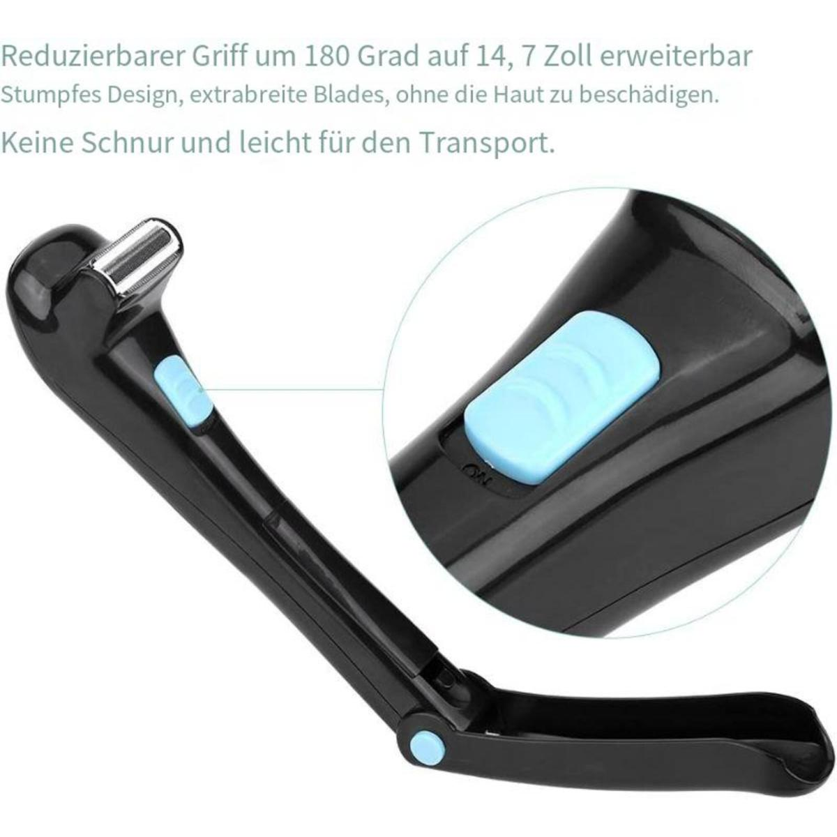 Schwarzer Trimmer mit blauem Knopf. Der Trimmer hat einen verlängerten Griff.