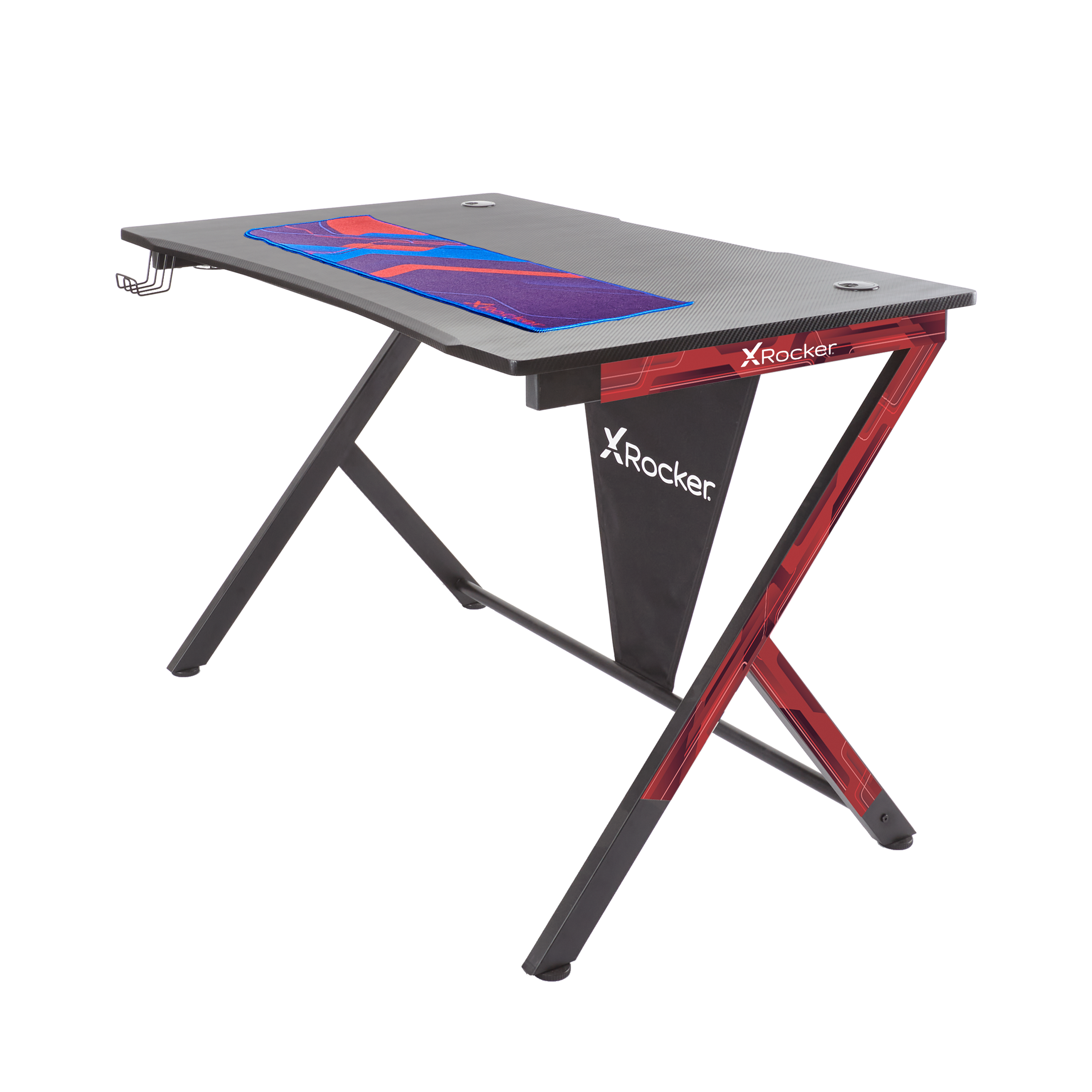 Gaming-Schreibtisch mit blau-rotem Mousepad. XRockers-Logo ist auf den Tischbeinen zu sehen.