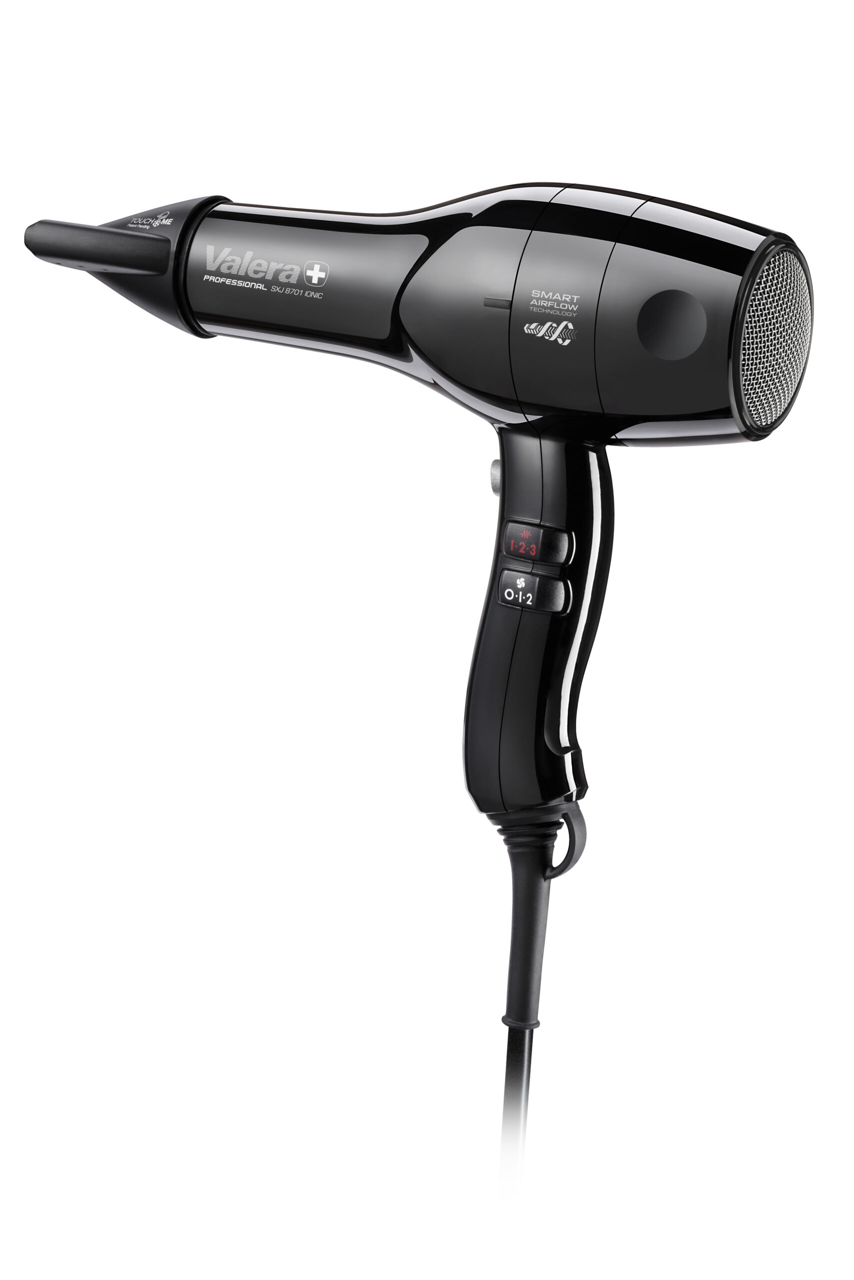 Czarna suszarka do włosów z logo Valera, przyciskami i kablem.
