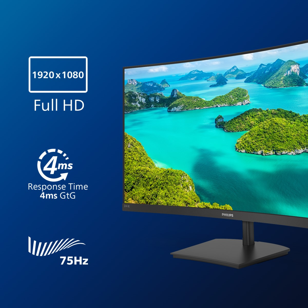 Zakrzywiony monitor Philips wyświetla krajobraz wyspy. Grafika pokazuje Full HD, czas reakcji 4ms i 75Hz.