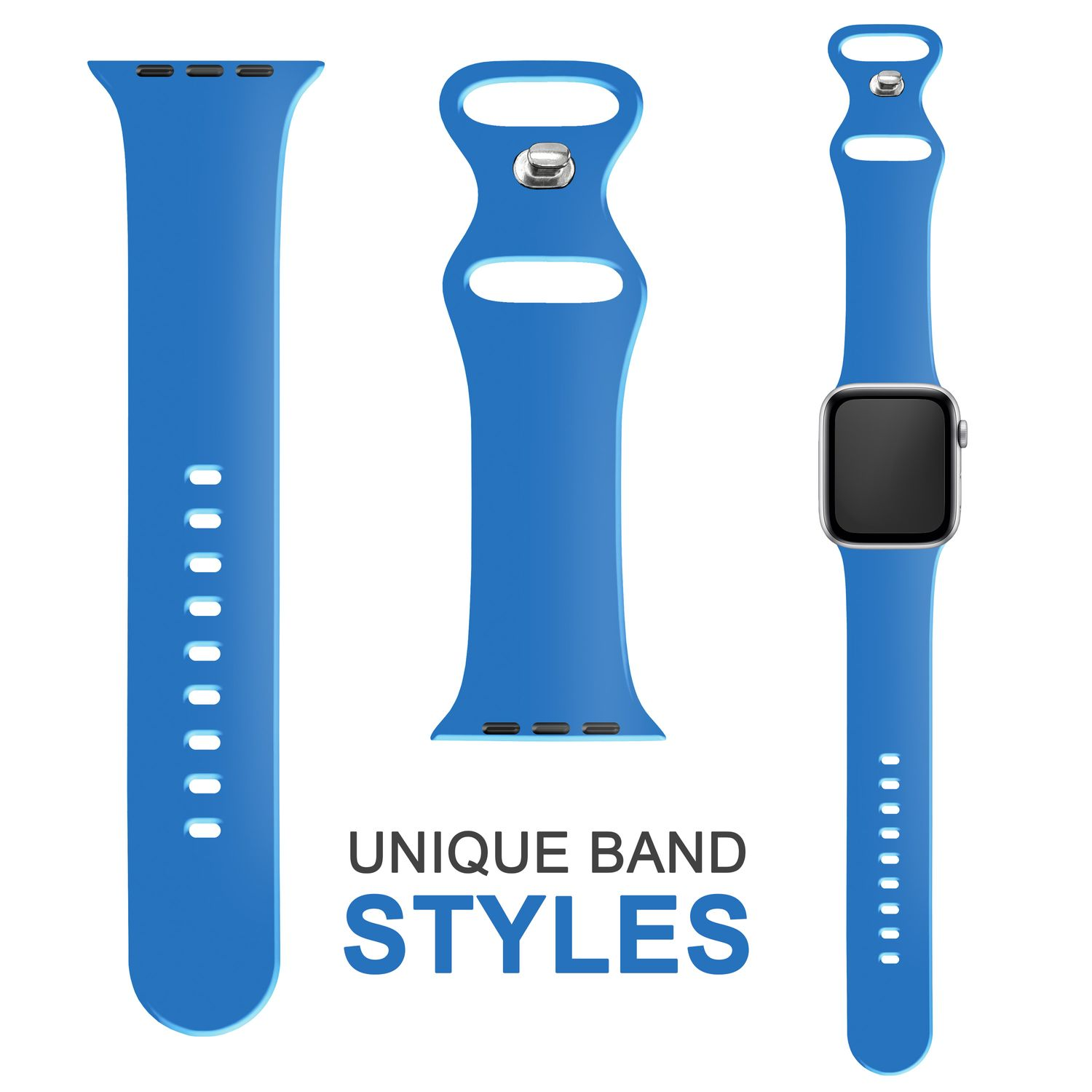 Blaue Uhrenarmbänder und Uhr mit dem Wort 'UNIQUE BAND STYLES'. Weißer Hintergrund.