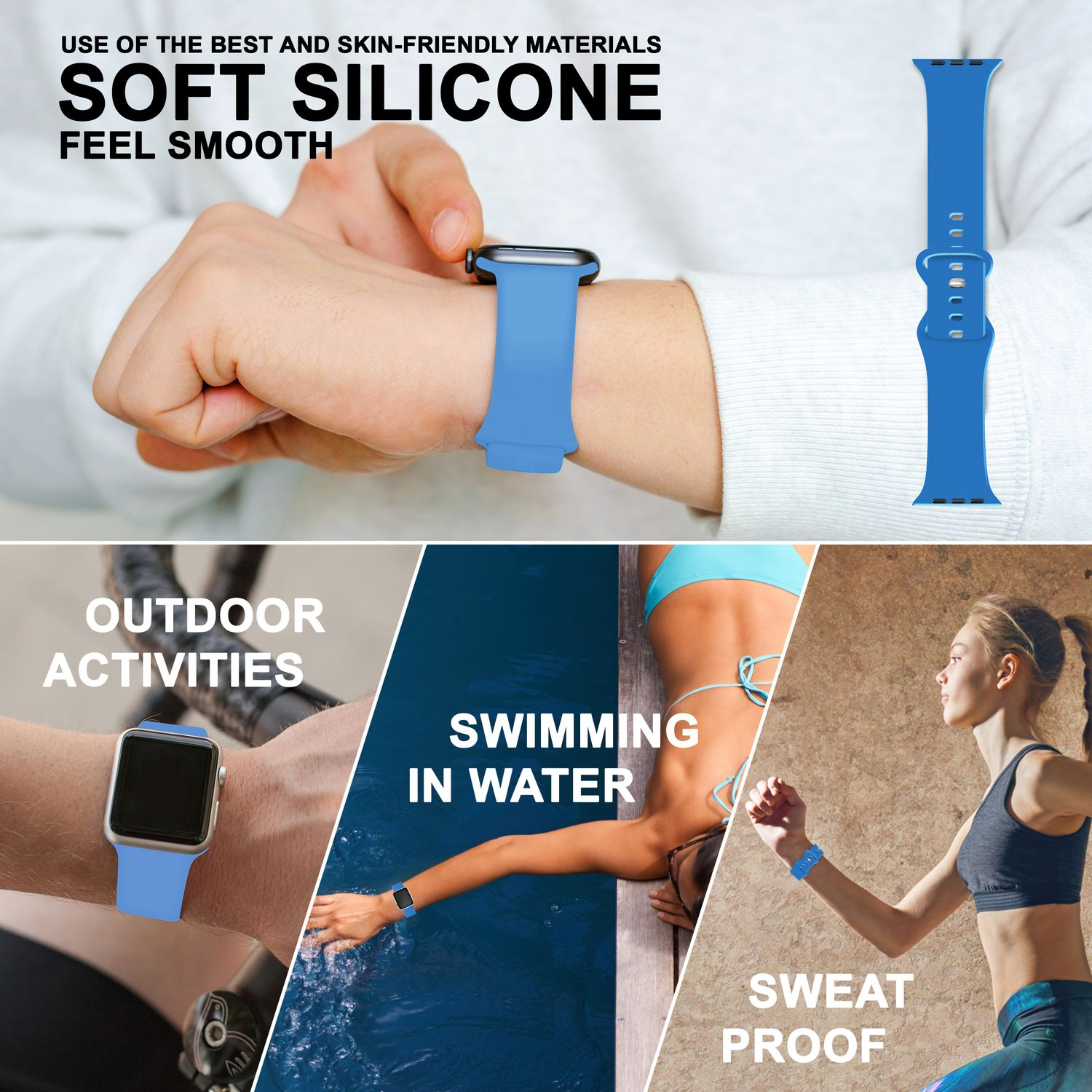 Blaues Uhrenarmband mit vielfältigen Anwendungen: Outdoor, Schwimmen, schweißfest.