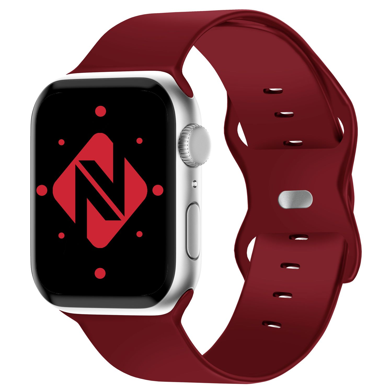 Silberne Smartwatch mit rotem Band und Logo.