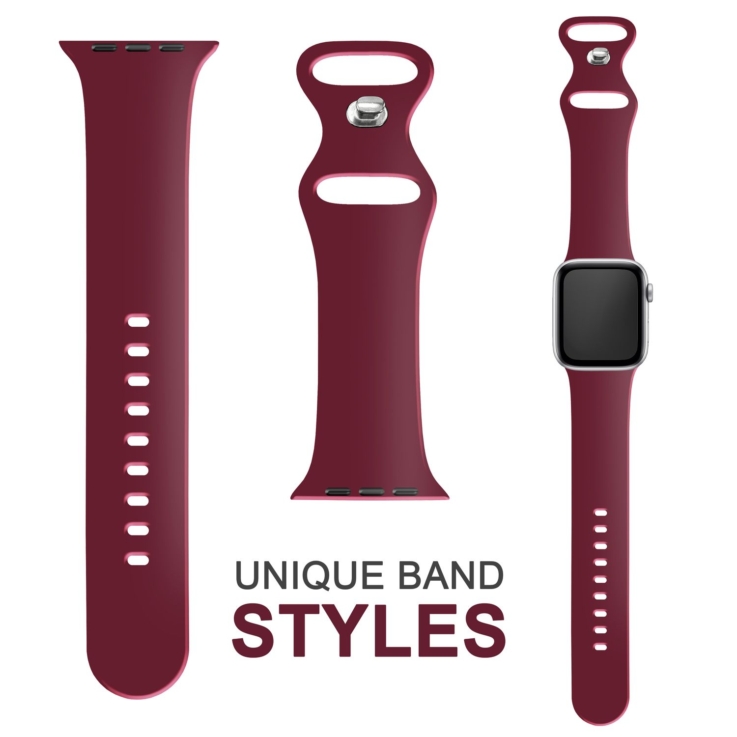 Verschiedene Teile eines weinroten Uhrenarmbands und eine Smartwatch mit schwarzem Bildschirm.