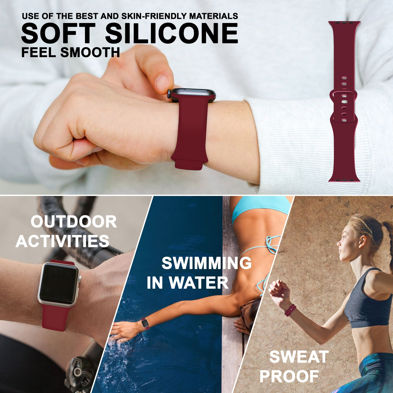 Eine Person trägt eine Smartwatch mit einem weinroten Armband. Bilder zeigen die Uhr bei Outdoor-Aktivitäten, Schwimmen und Schweißfestigkeit.