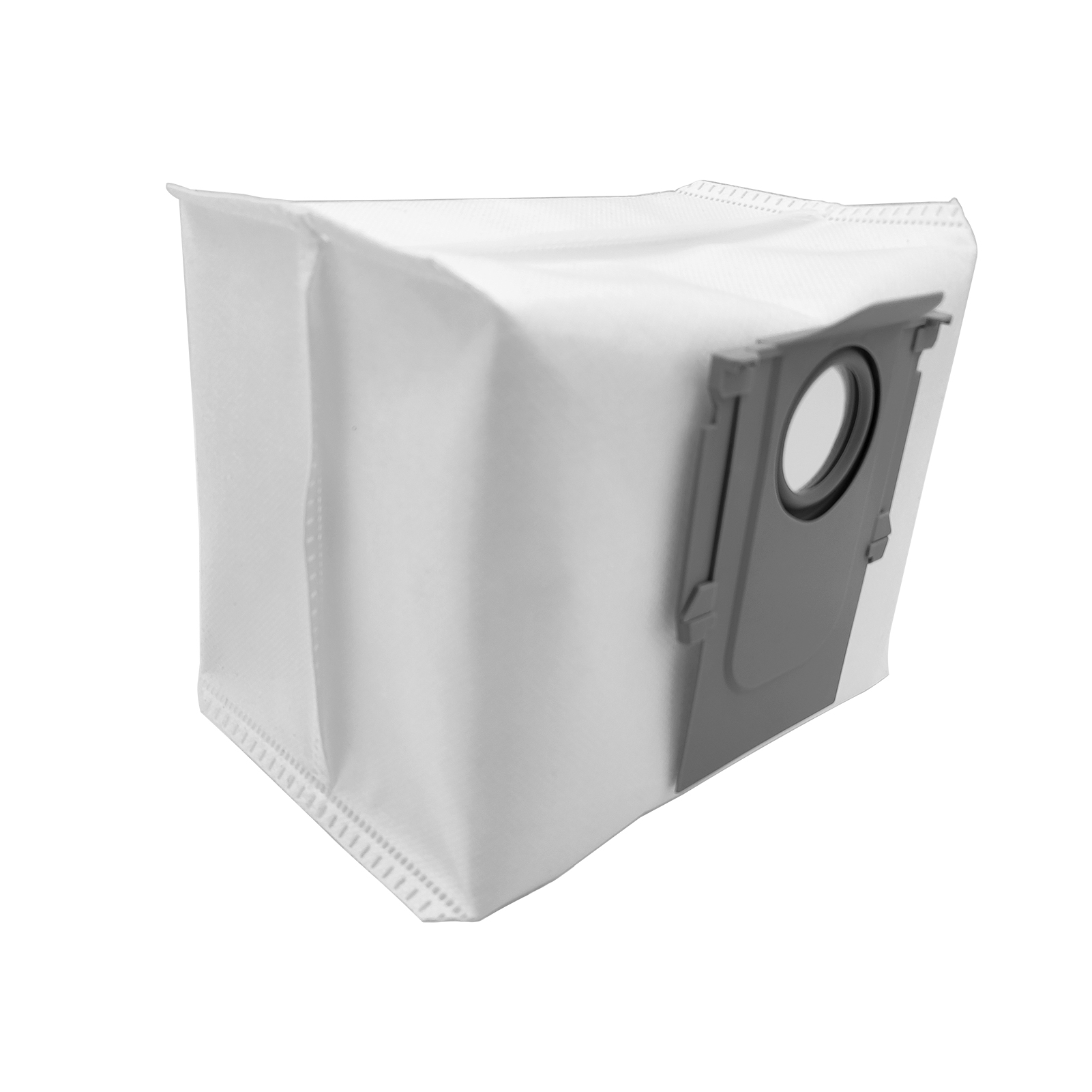 Sacco per la polvere dell'aspirapolvere bianco con inserto in plastica grigia. La borsa ha una forma rettangolare.