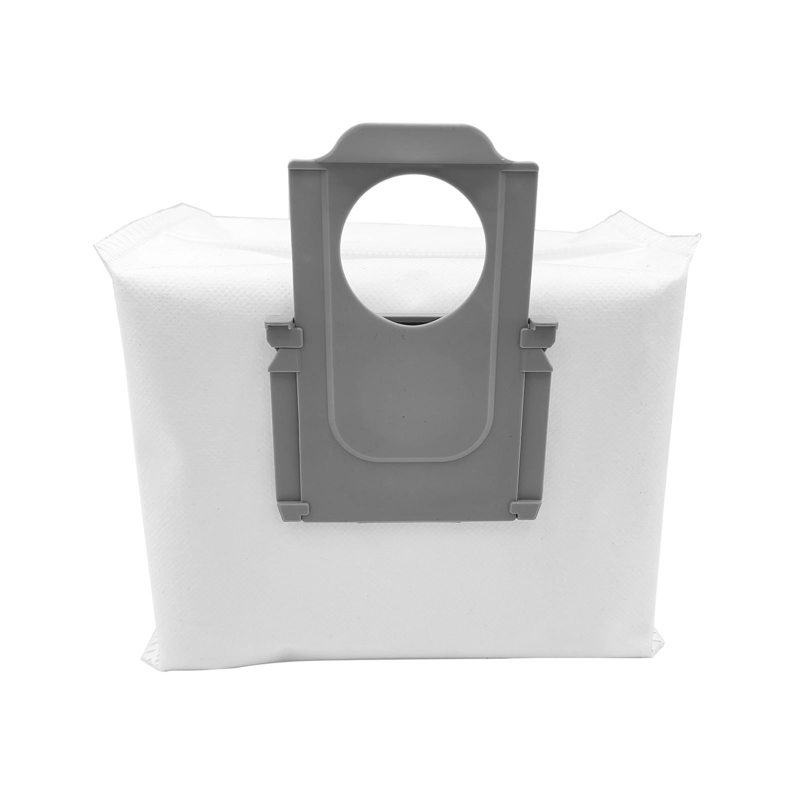 Un sac d'aspirateur blanc avec un support en plastique gris, isolé sur fond blanc.