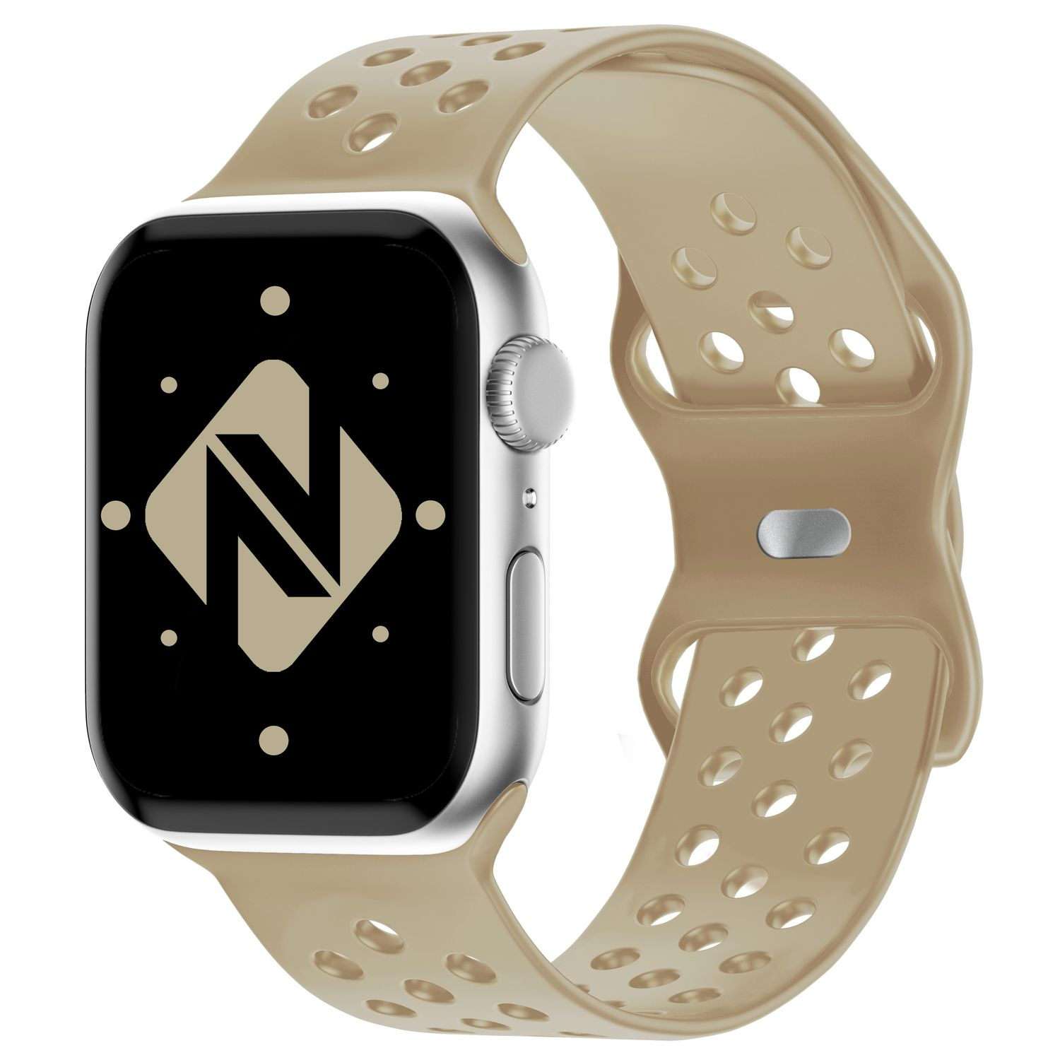 Beige Apple Watch mit tanfarbenem Armband. Das Zifferblatt zeigt ein Logo.