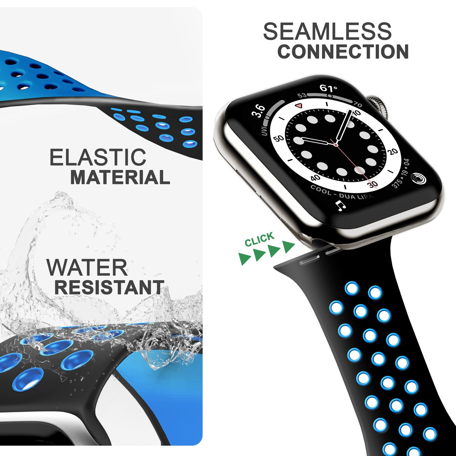 NALIA Airflow Silikon Smart-Watch Schwarz Apple, Watch 42mm/44mm/45mm/49mm, Armband, Apple Blau Ersatzarmband
