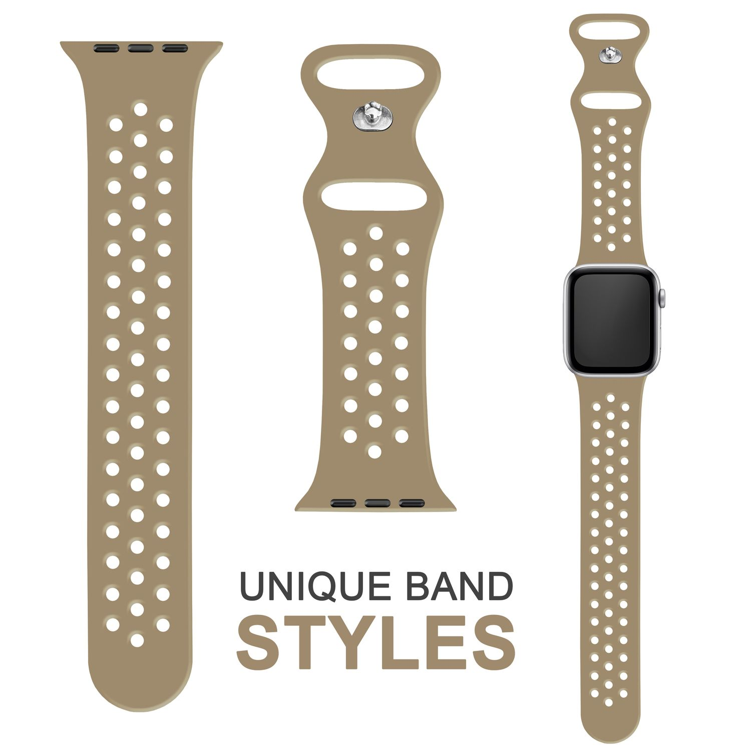 Drei Uhrenarmbänder: zwei beige Armbänder und eine Uhr mit beigem Armband. Text lautet "UNIQUE BAND STYLES".