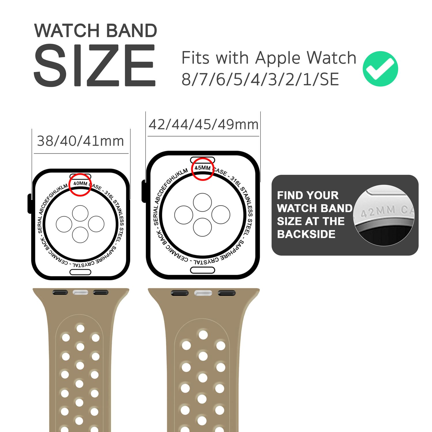 Diagramm zeigt Apple Watch-Größen und -Armbänder. Enthält 38/40/41mm, 42/44/45/49mm. Auch ein Armband mit kleinen Löchern.