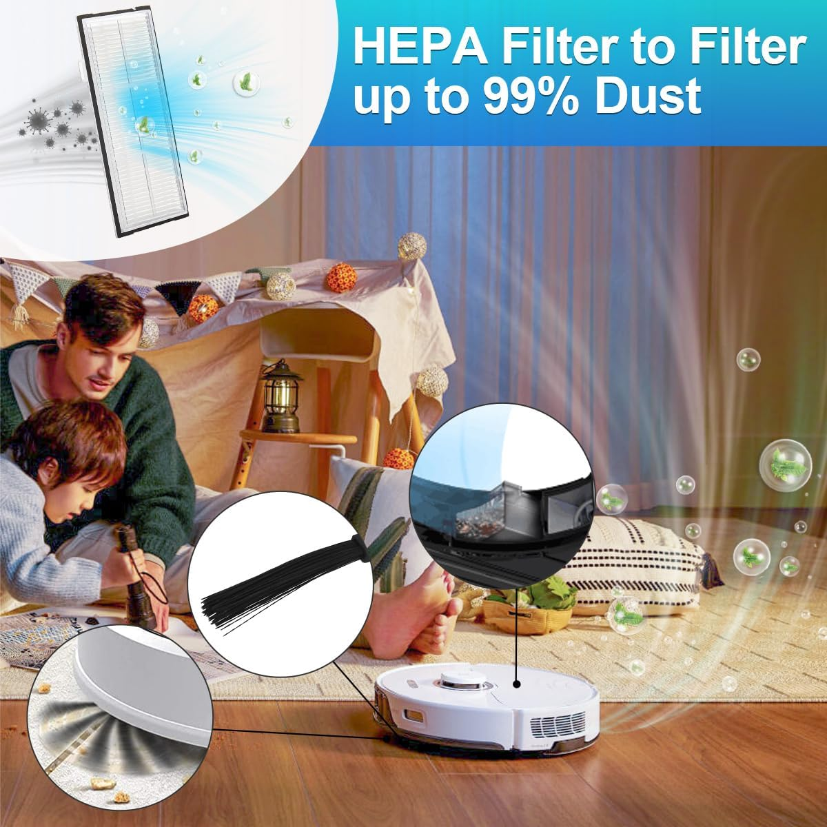 Robot odkurzający z filtrem oraz szczegóły filtra i nakładki czyszczącej.