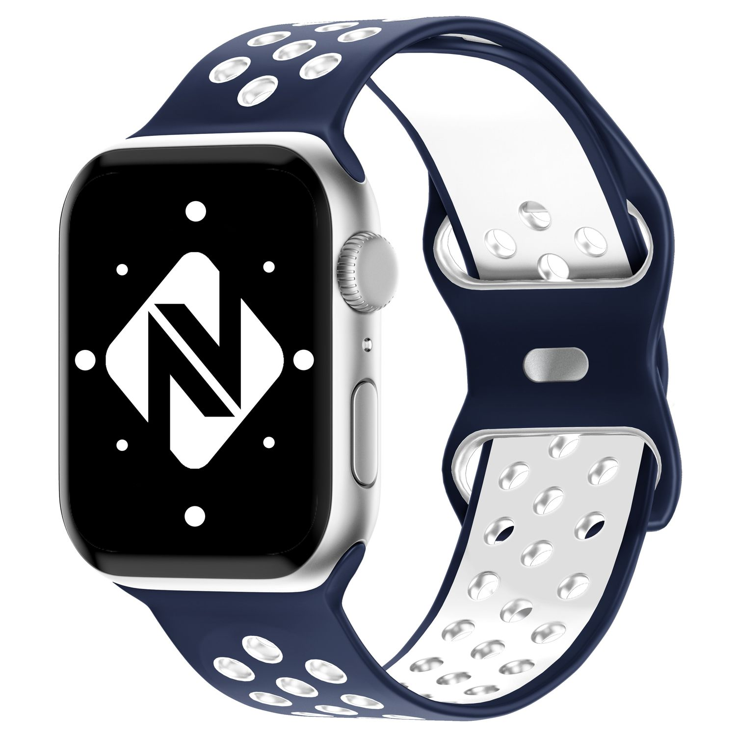 Silberne Smartwatch mit blau-weißem Armband. Weißer Hintergrund. Schwarzer Bildschirm.