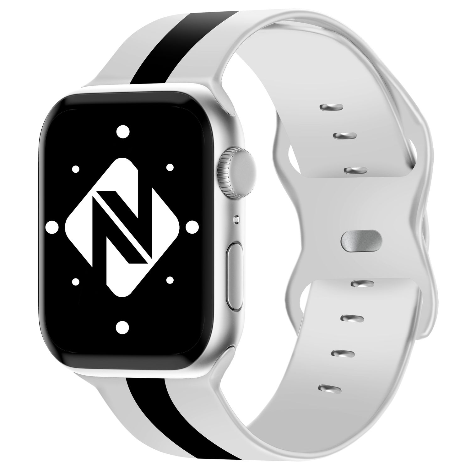Silberne Apple Watch mit weißem Armband und einem schwarz-weißen Zifferblatt.
