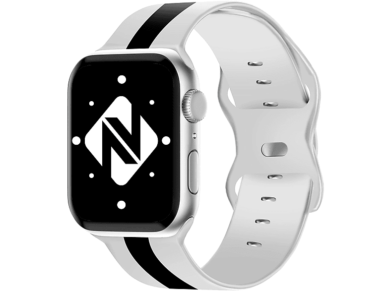 Silikon NALIA Ersatzarmband, Apple, Watch Armband, Gestreiftes Schwarz Apple Weiß 42mm/44mm/45mm/49mm, Smartwatch