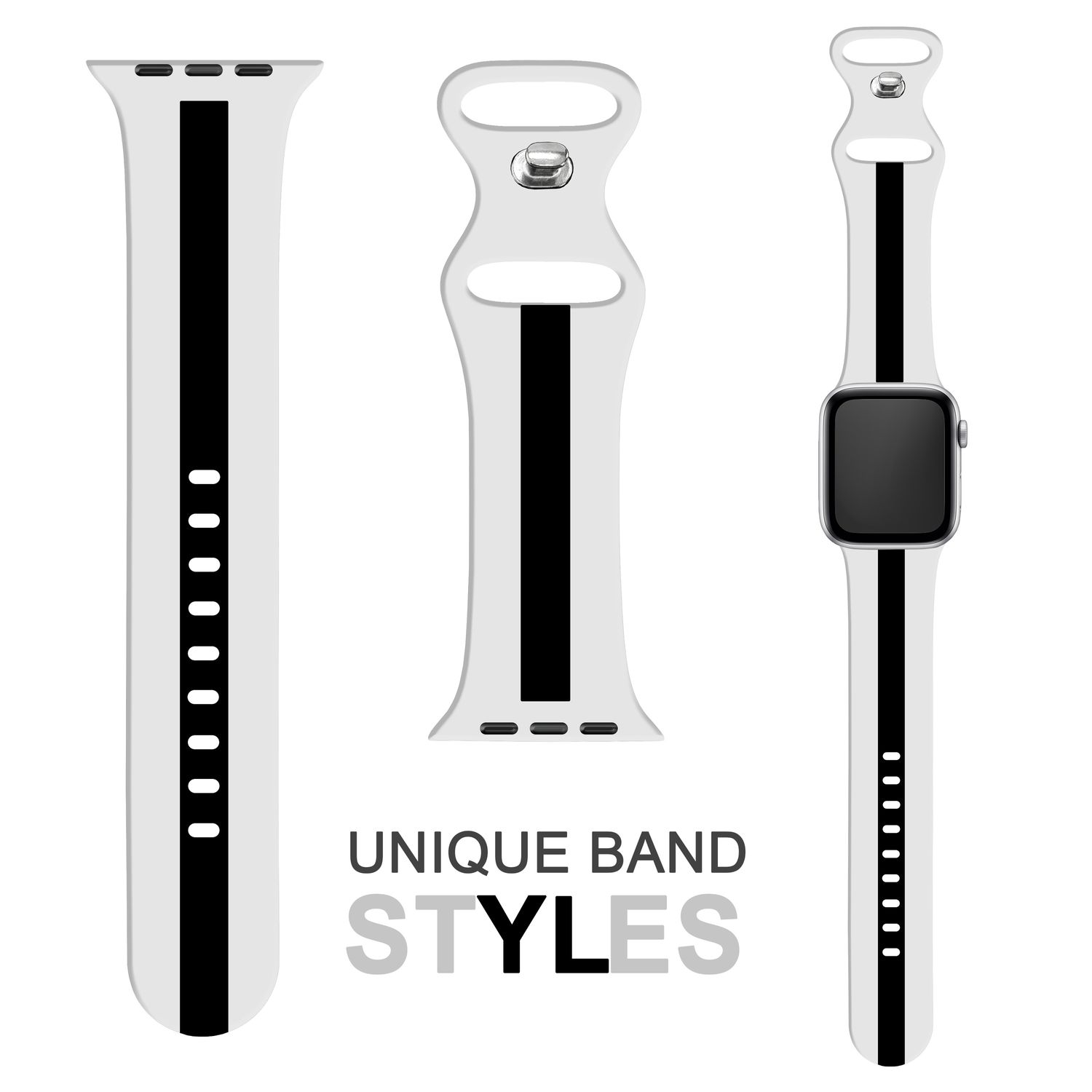 Weiß-schwarze Uhrenarmbänder. Die Bänder haben schwarze Streifen und werden auf weißem Hintergrund angezeigt.