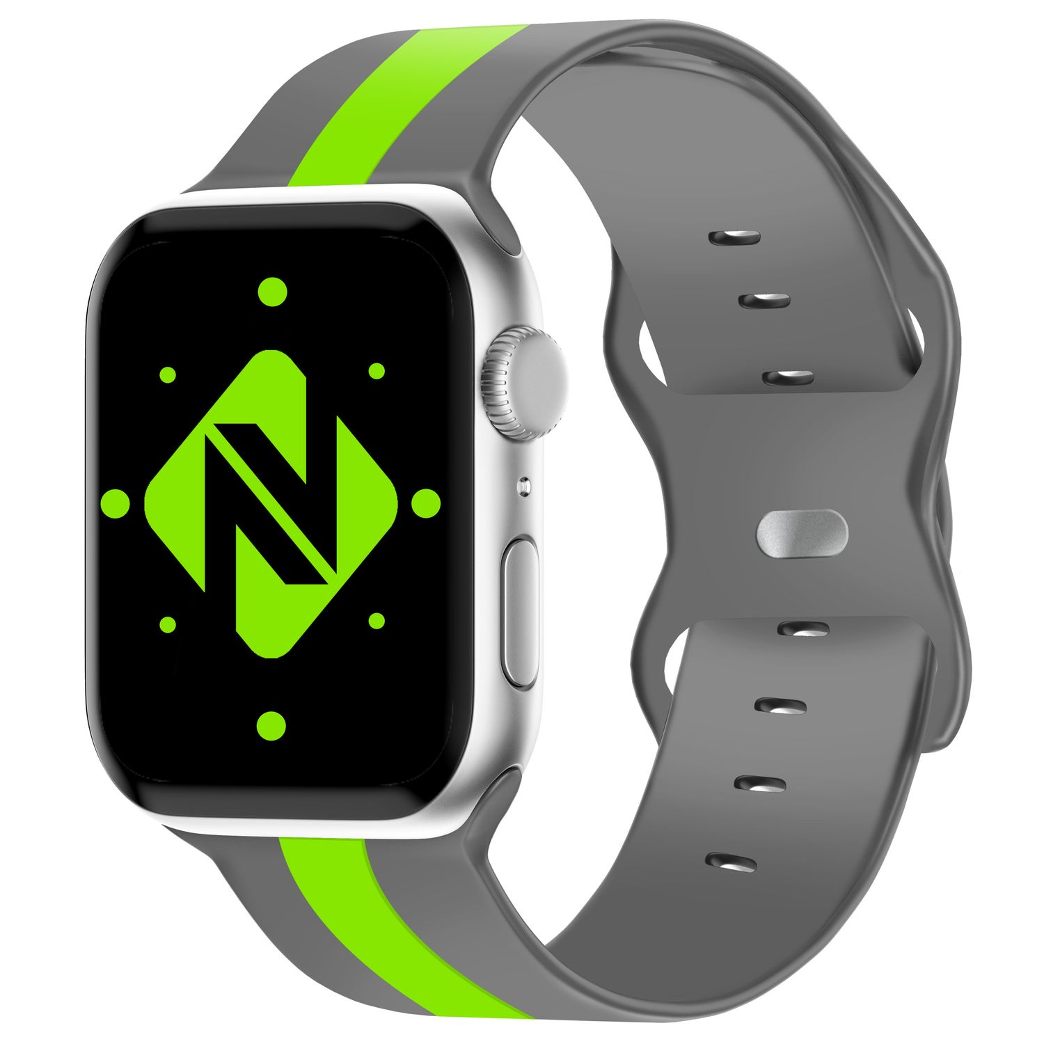 Silberne Smartwatch mit grau-grünem Armband; zeigt Logo auf dem Bildschirm.