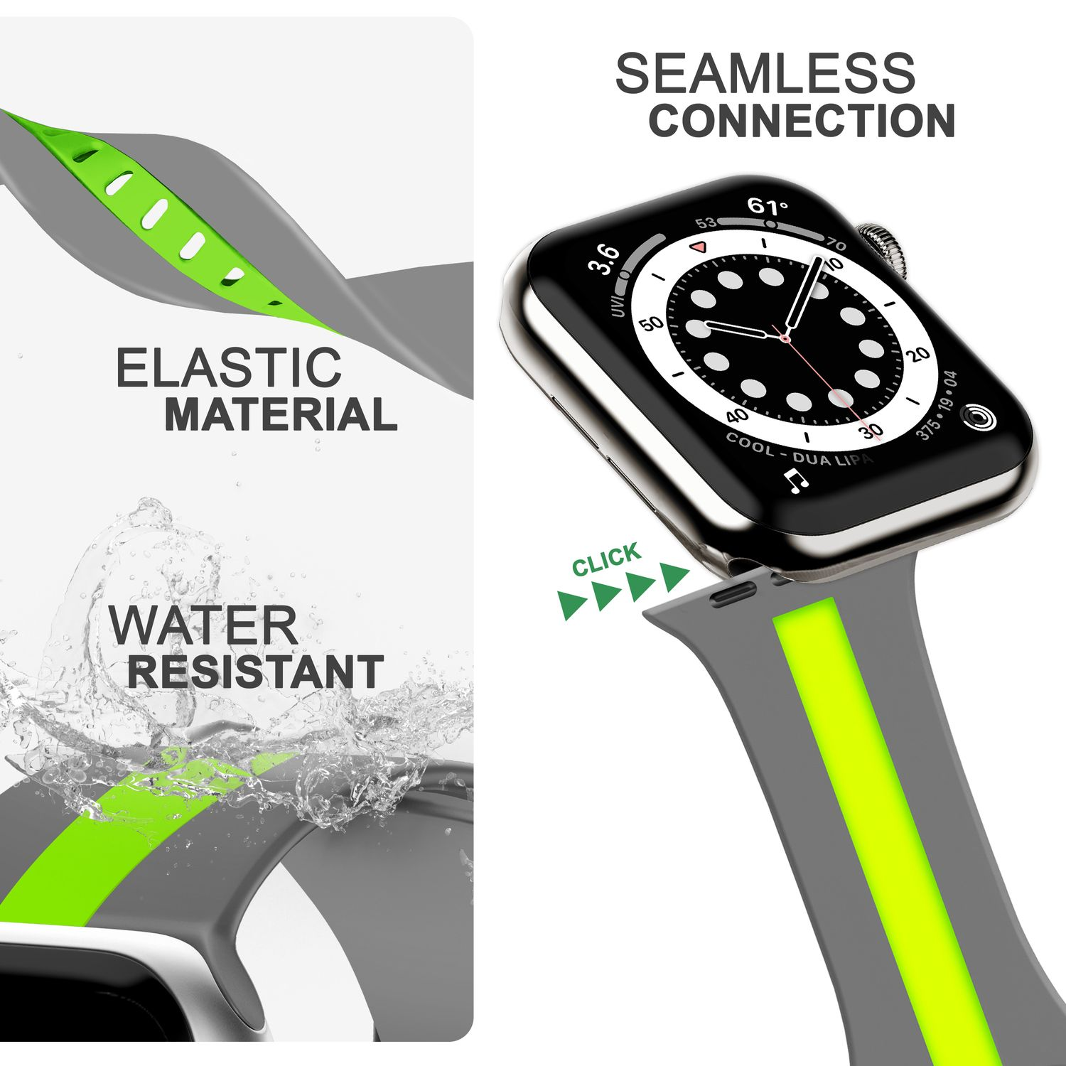 Gestreiftes Ersatzarmband, NALIA Apple Armband, Silikon Watch Grün Apple, 42mm/44mm/45mm/49mm, Smartwatch Grau