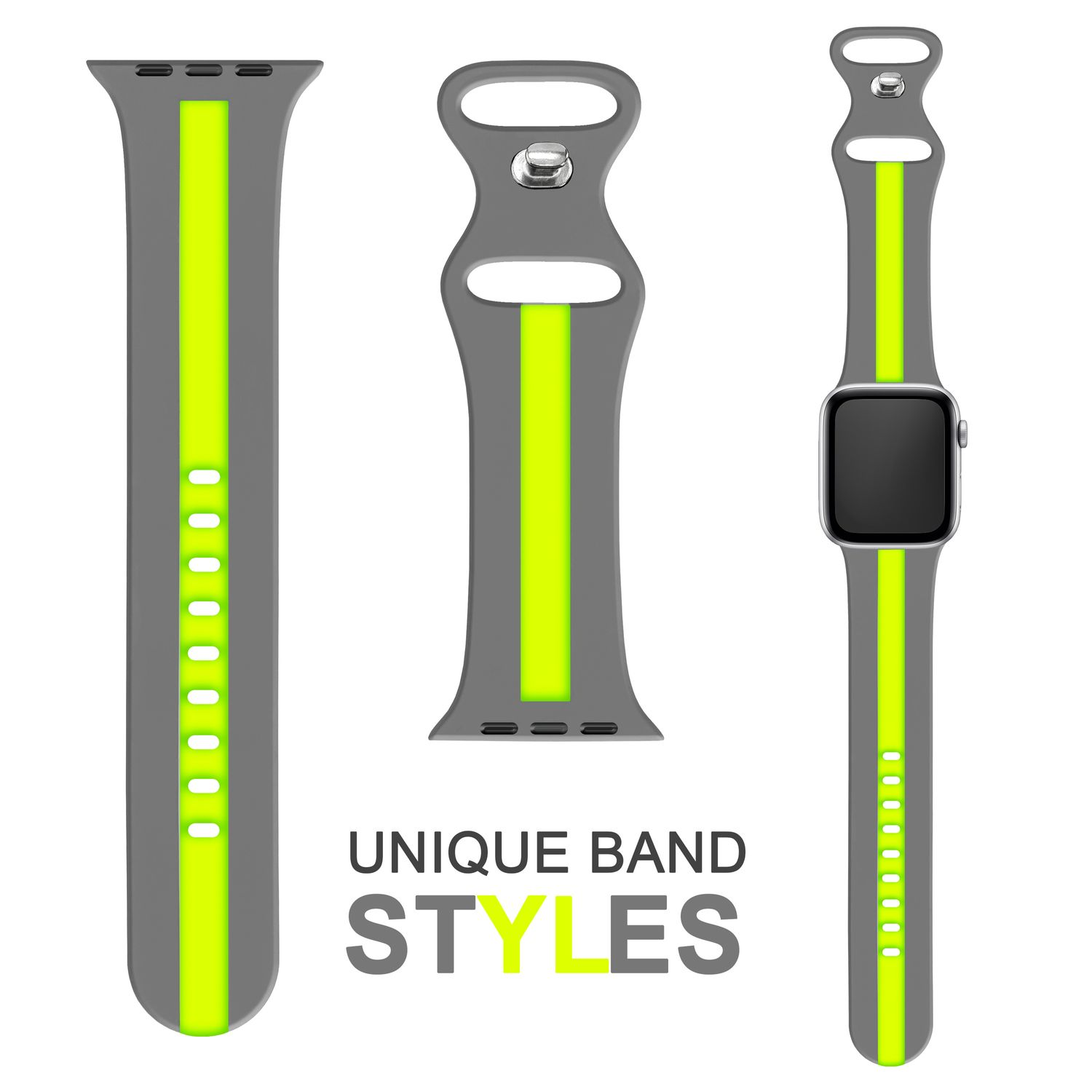Drei graue und limettengrüne Apple Watch-Armbänder. Text: 'UNIQUE BAND STYLES'.