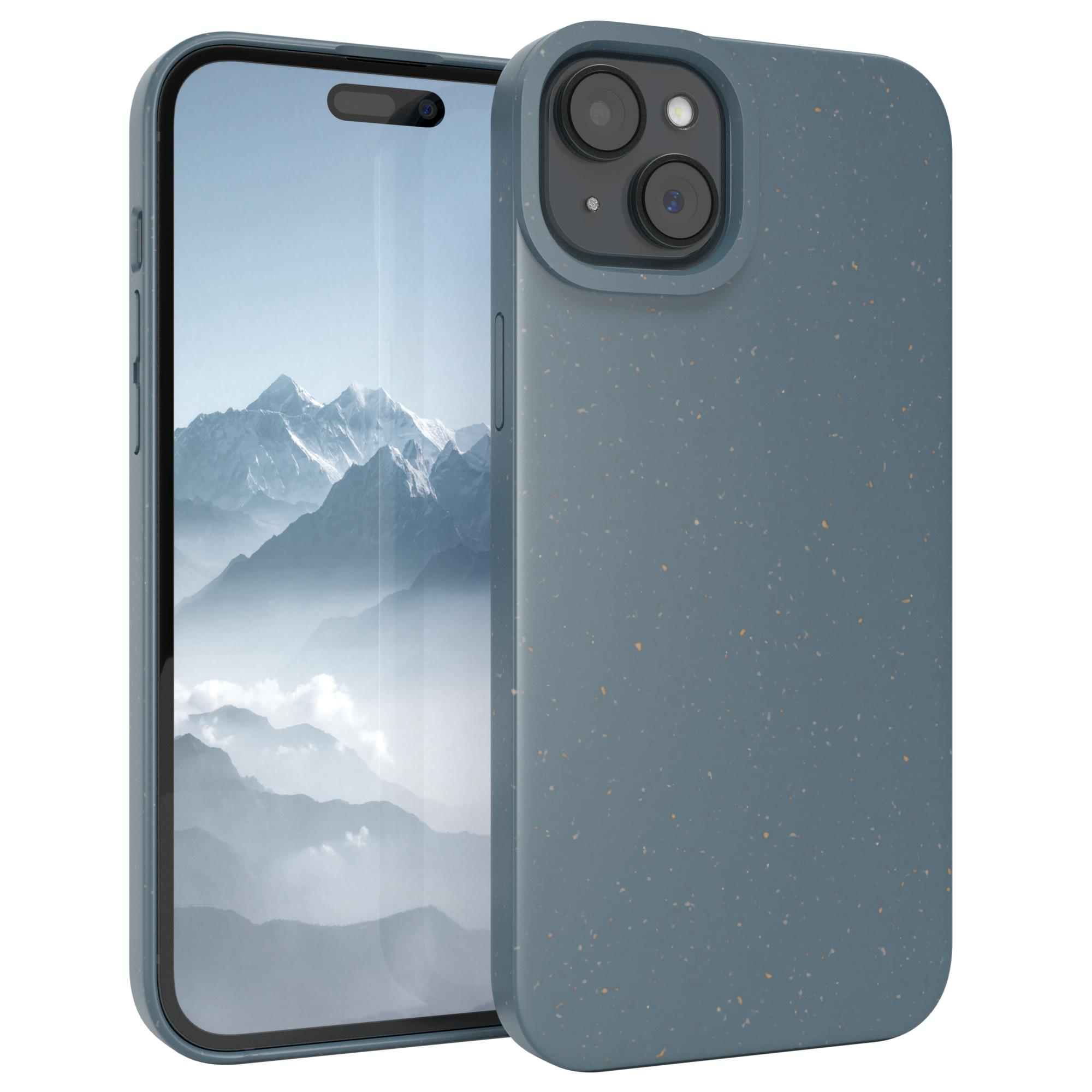 Blaue Handyhülle mit Telefon darin. Die Hülle hat eine gesprenkelte Textur, mit Kameraausschnitten.