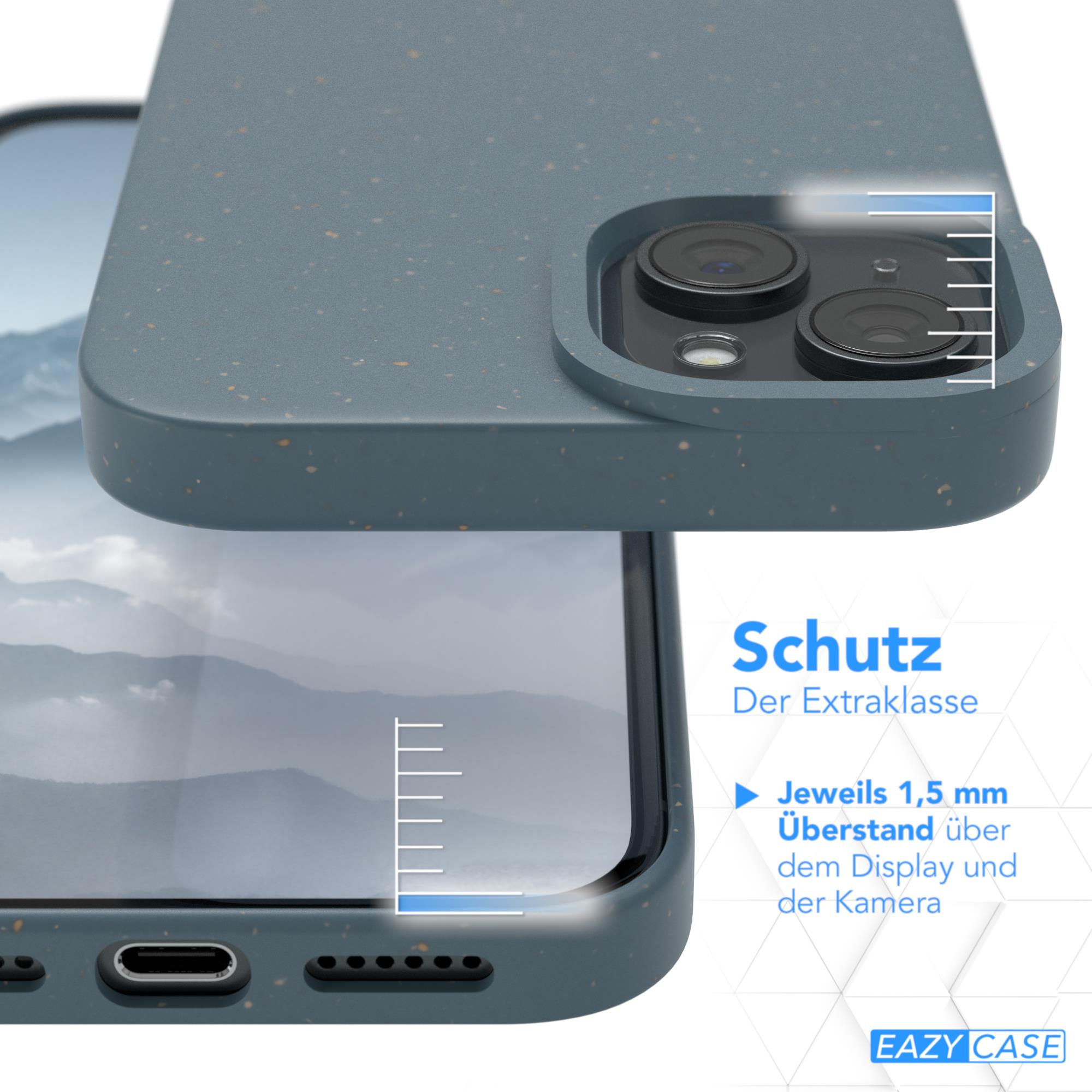Telefon mit blauer Hülle, Kameradetail und Text über Schutz. Zeigt Messungen. Hintergrund ist unscharf.