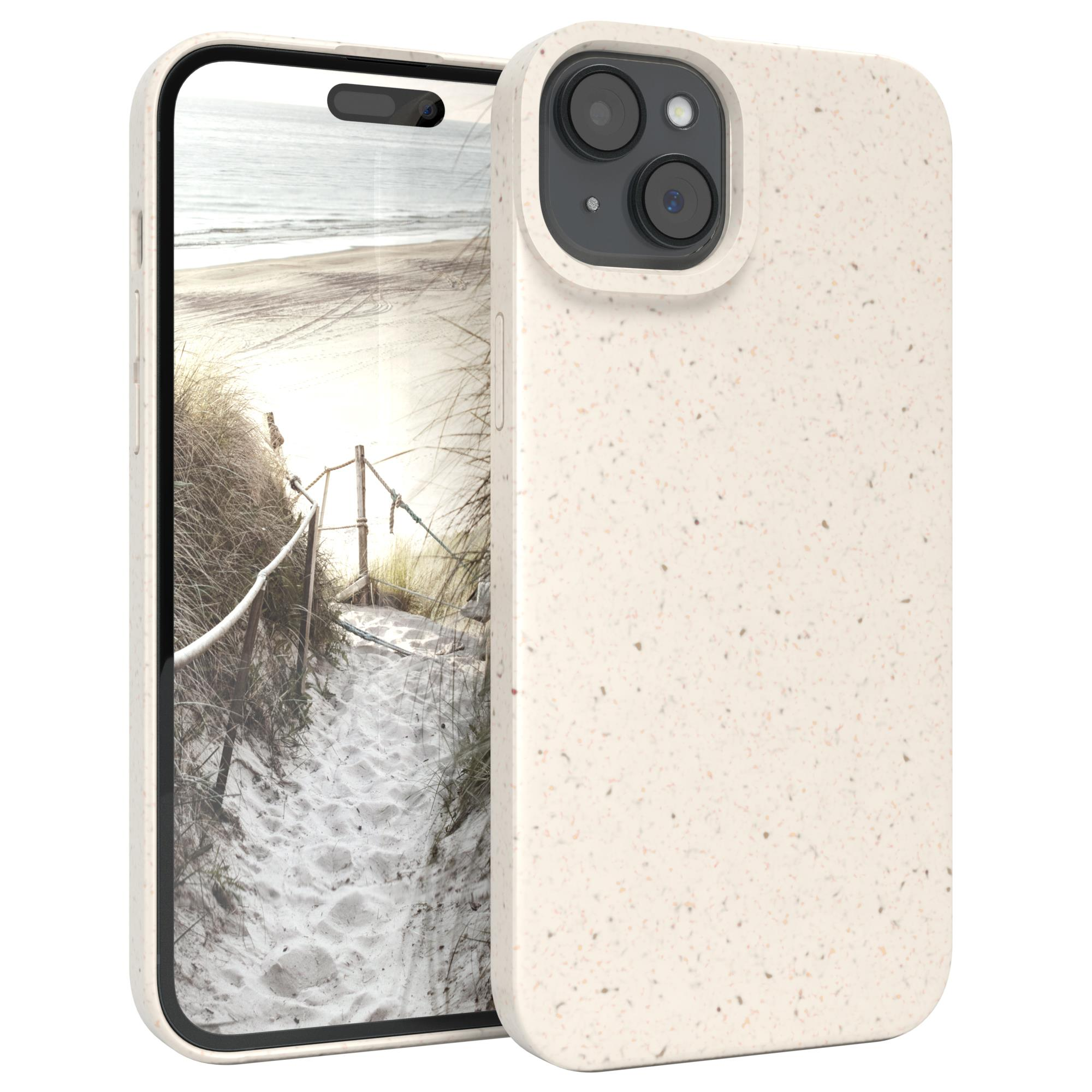 Beige Handyhülle mit Handy, im Hintergrund eine Strandszene.