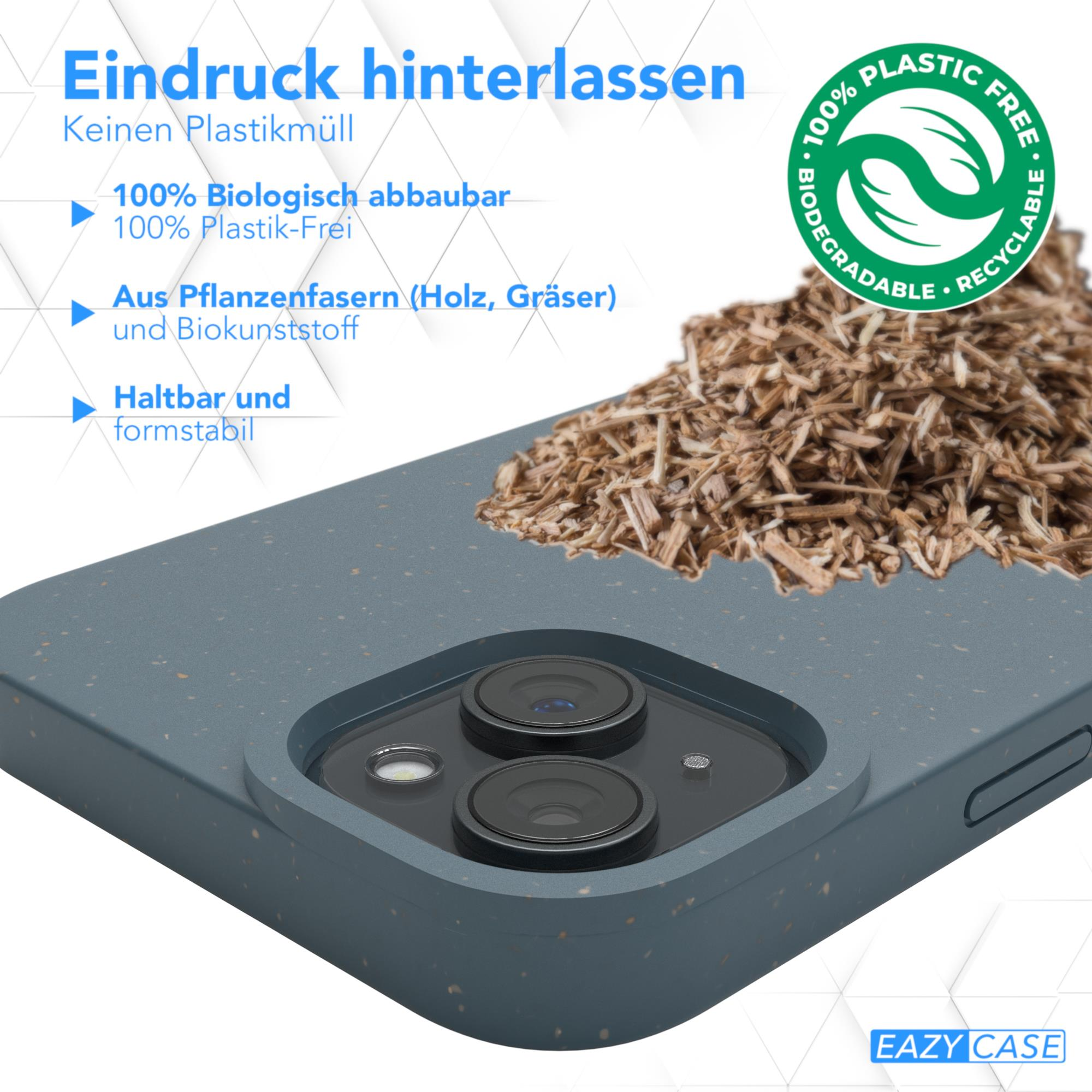Eine Handyhülle mit blau-grünem, gesprenkeltem Design, mit Text über biologische Abbaubarkeit und Recycling.