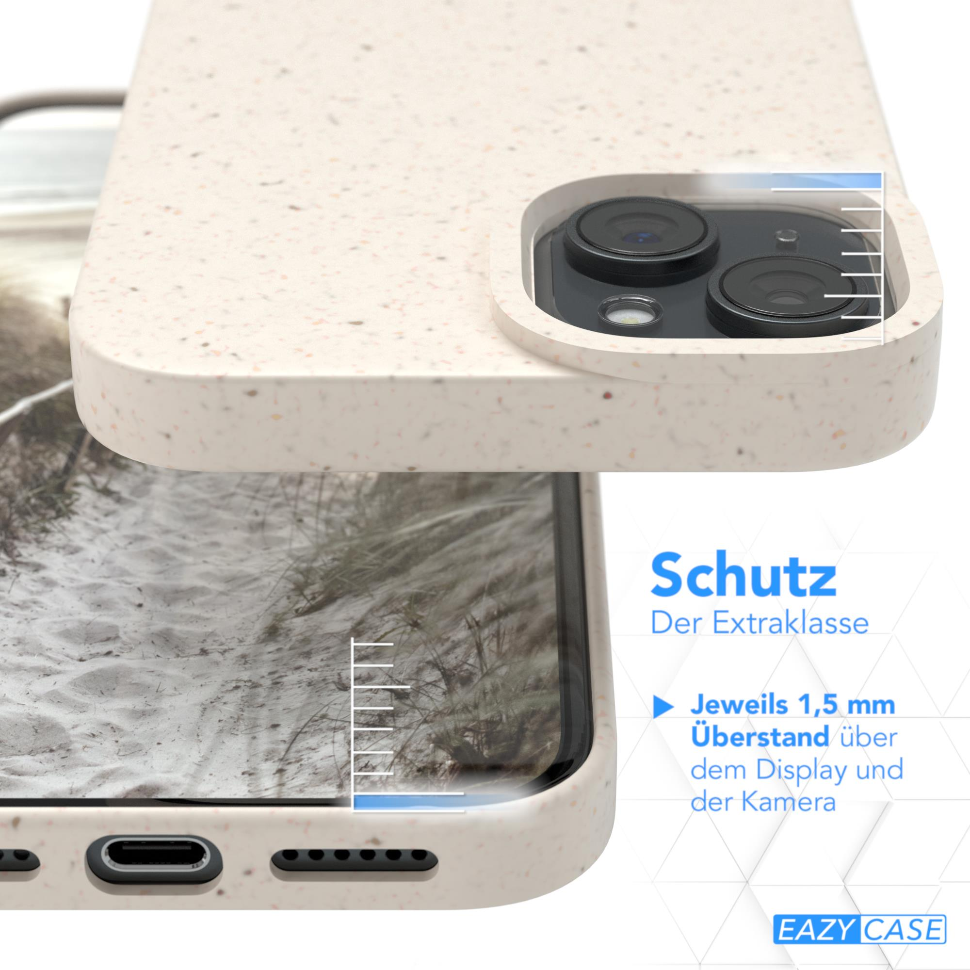Nahaufnahme einer Handyhülle mit Telefon und Strandbild. Der Text lautet "Schutz" und "EAZY CASE".