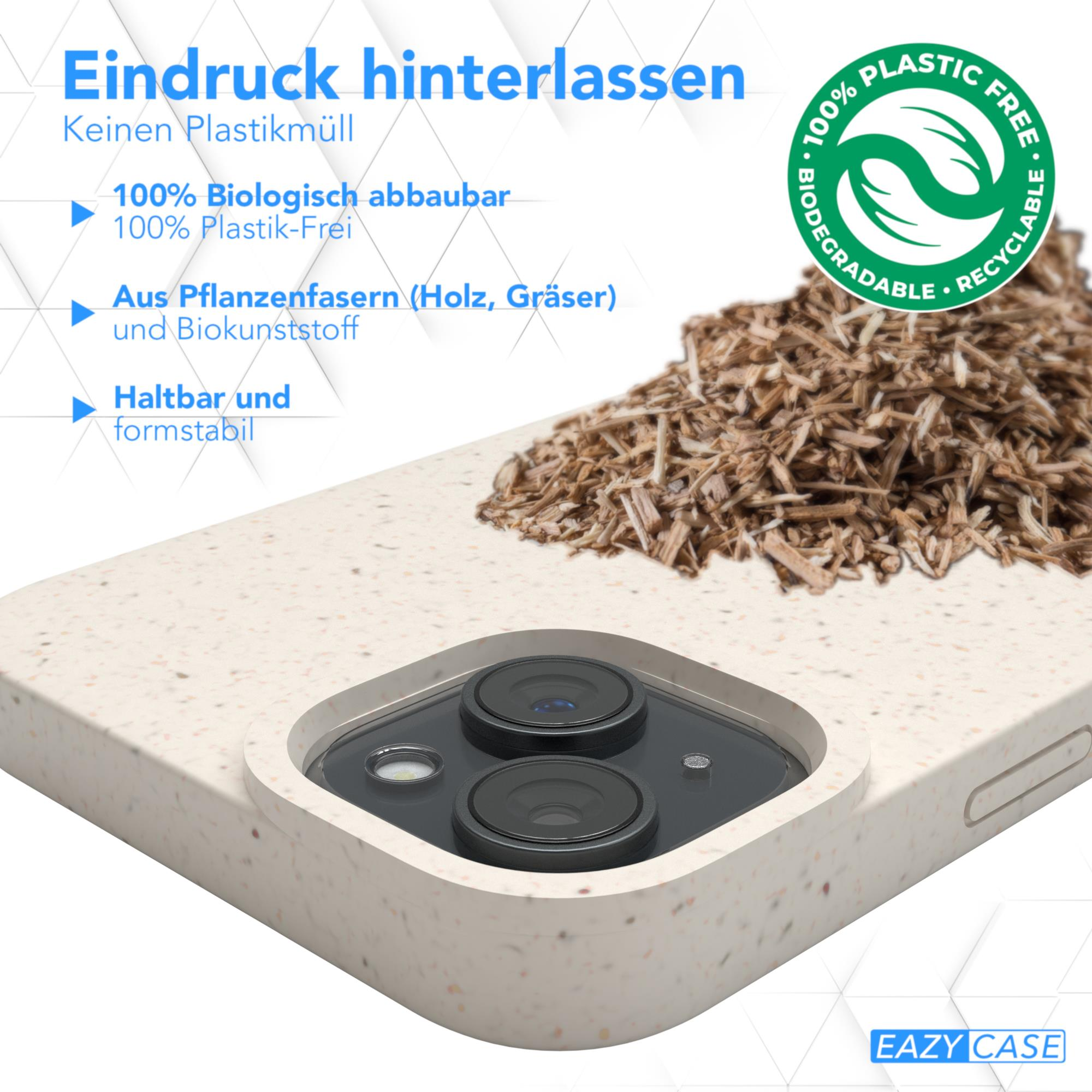 Eine Handyhülle mit Holzmaserung, ein Haufen Holzspäne und ein grünes Recycling-Logo.