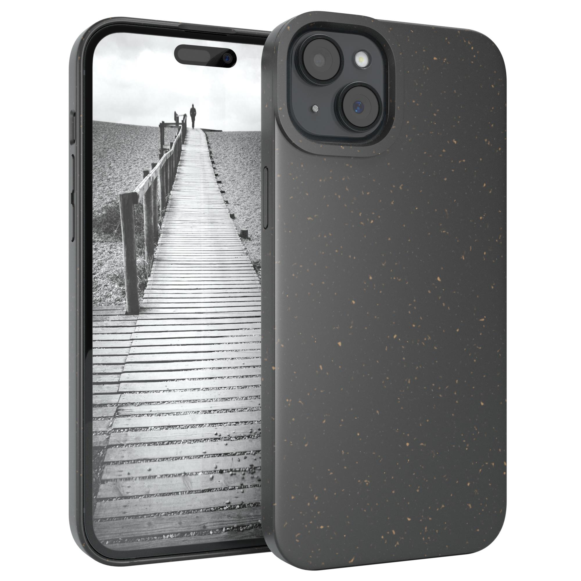 Schwarze Handyhülle mit gesprenkeltem Design. Telefon zeigt eine Strandansicht mit Holzpier.