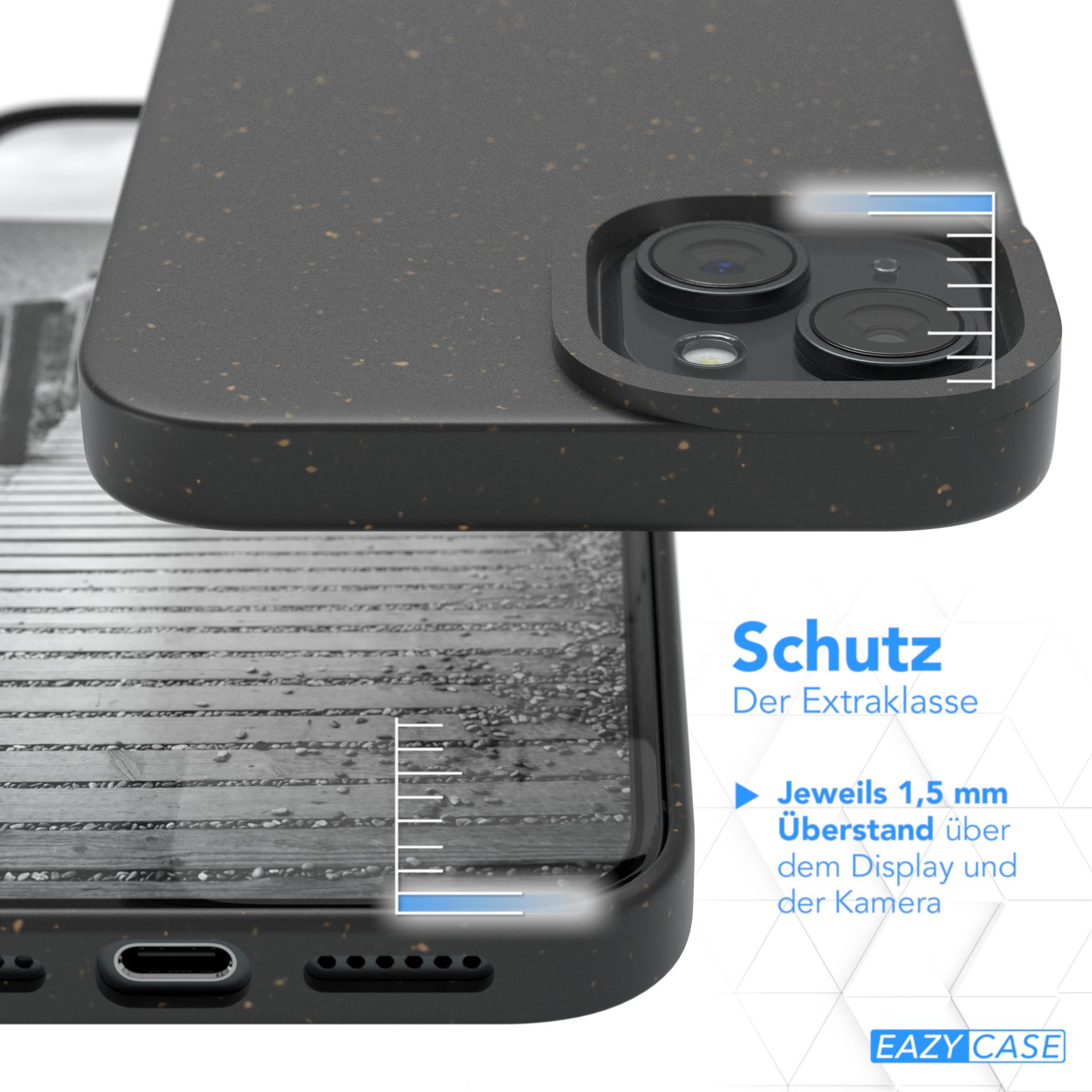 Telefonhülle, die die Rückseite und die Seite zeigt, mit Detail der Textur. Schwarze Hülle.