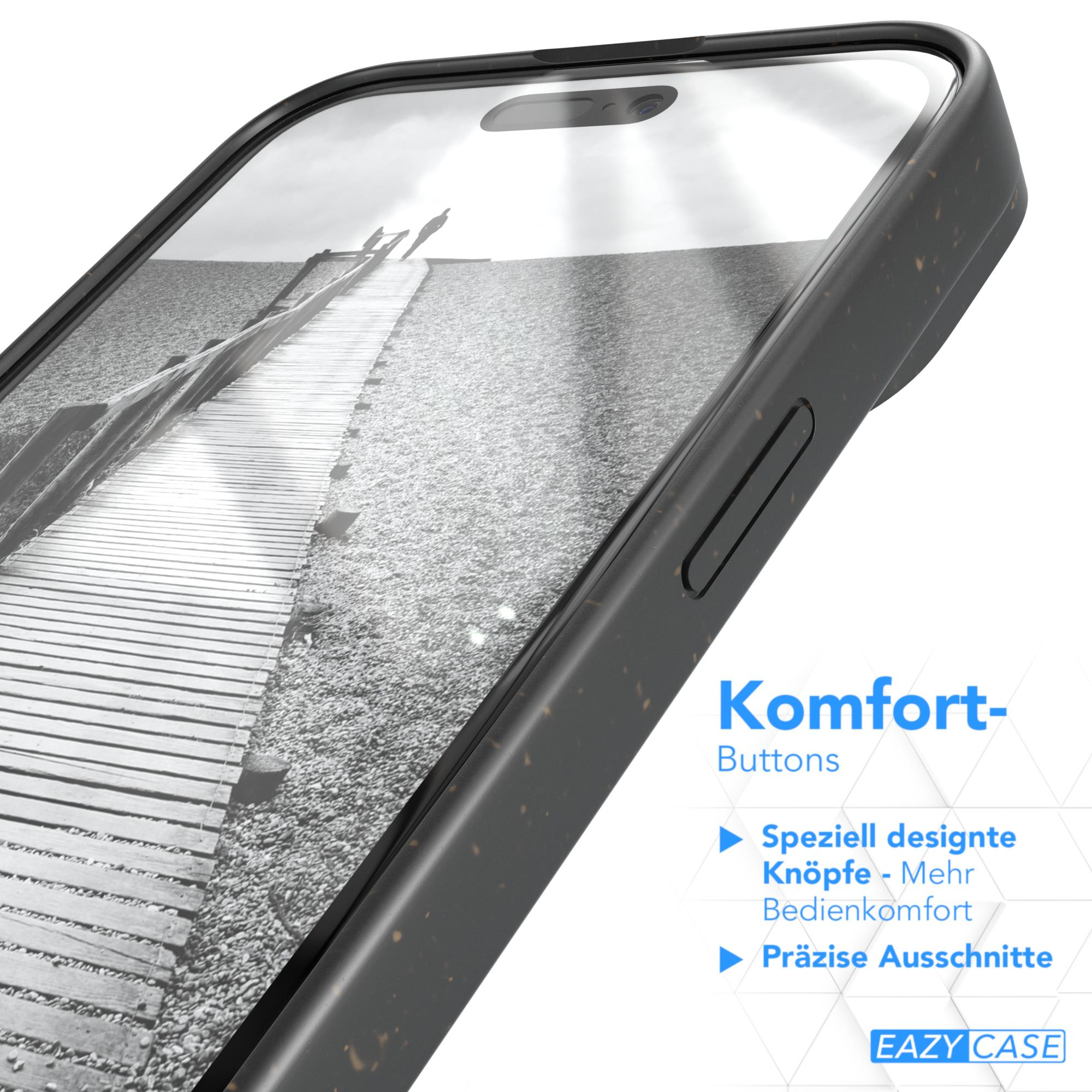 Eine schwarze Handyhülle auf einem Handy mit einer Strandszene, Text hebt Komfortmerkmale hervor.